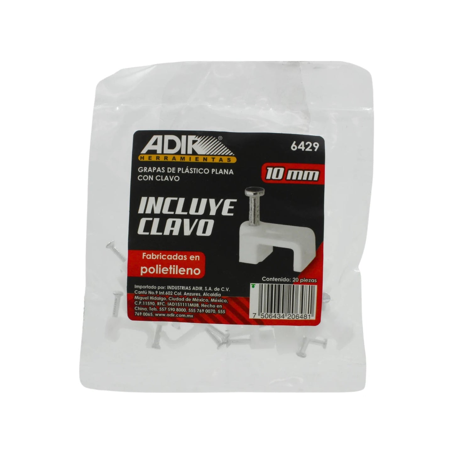 Grapas plásticas planas Adir blancas 10mm con clavo, 20 piezas para fijar cables