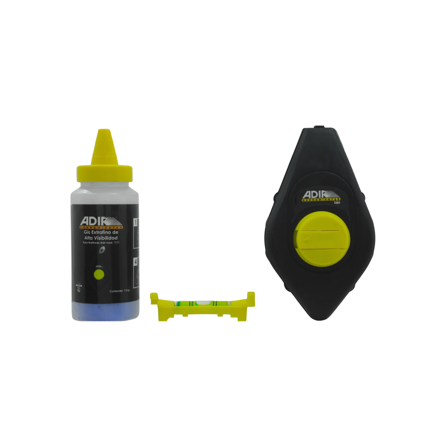 Tiralíneas Adir 1261 negro/amarillo, incluye gis azul de alta visibilidad y nivel de burbuja. Herramienta de marcado.
