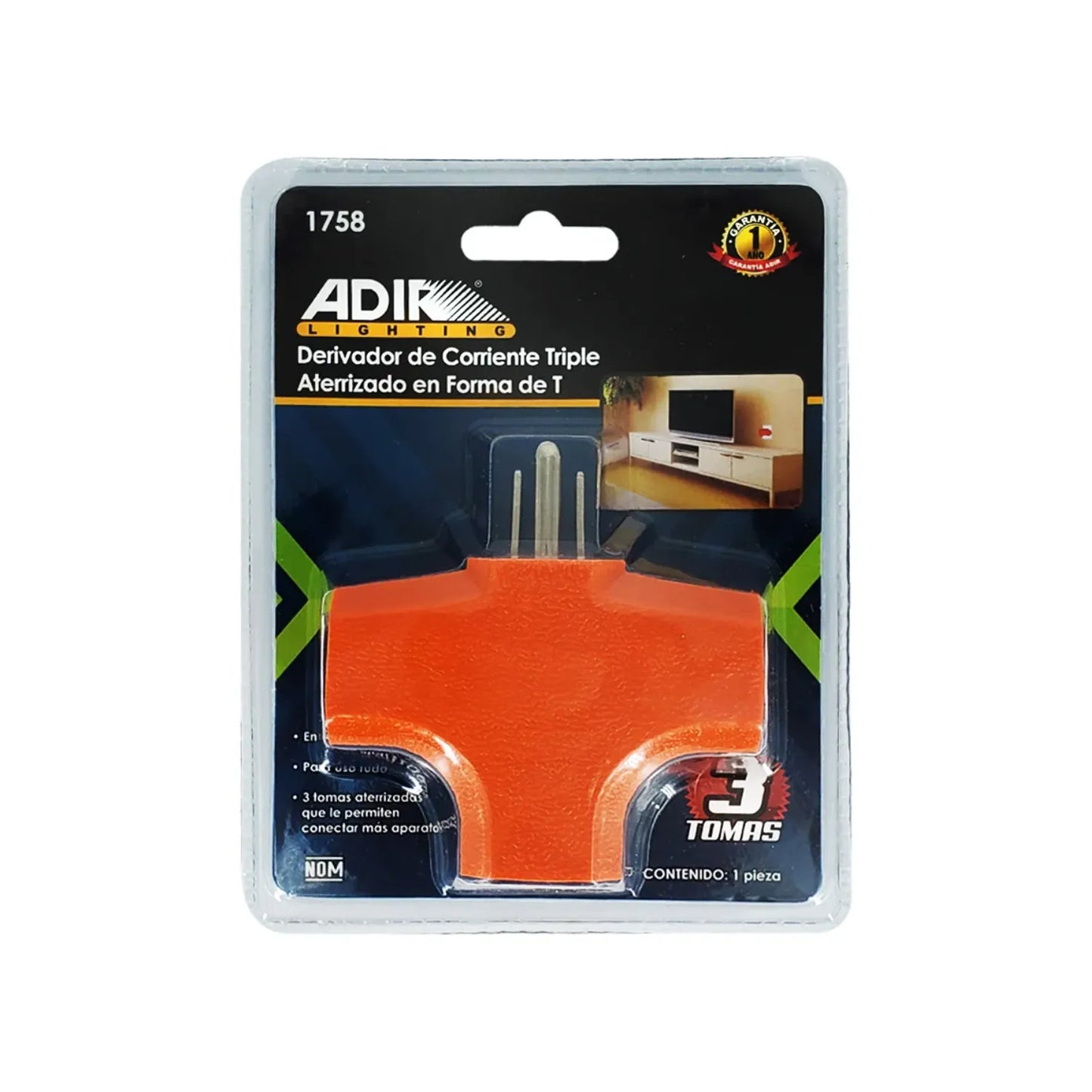 Derivador de corriente triple ADIK 1758 en forma de T, adaptador con 3 tomas aterrizadas color naranja