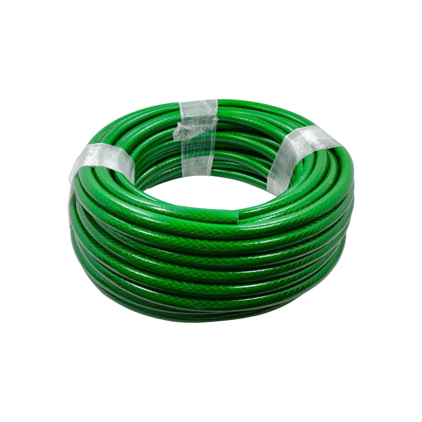 Manguera de jardín verde enrollada, 1/2 pulgada x 100 metros, ideal para riego y jardinería.