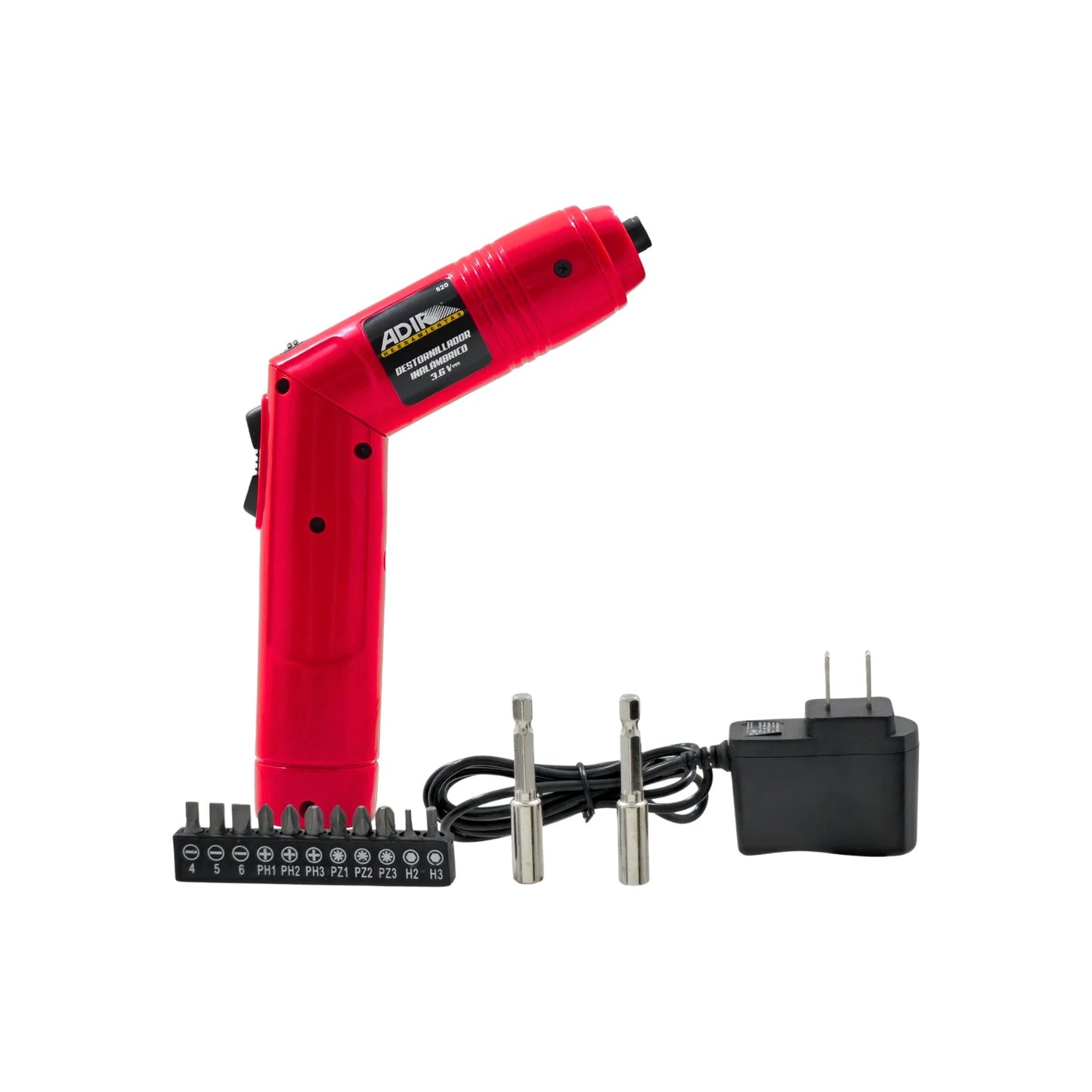 Atornillador inalámbrico Adir rojo 3.6V con mango articulado, puntas surtidas y cargador.