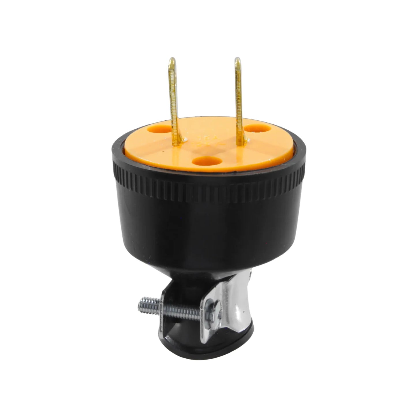 Clavija industrial negra y naranja con abrazadera 15A para montaje, uso rudo.