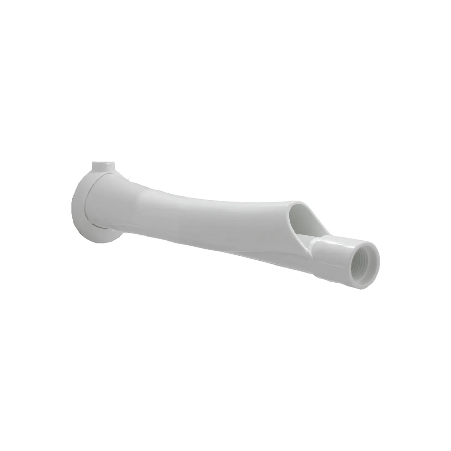Caño para bañera de plástico blanco con rosca interna para instalación de fontanería y grifería de baño.