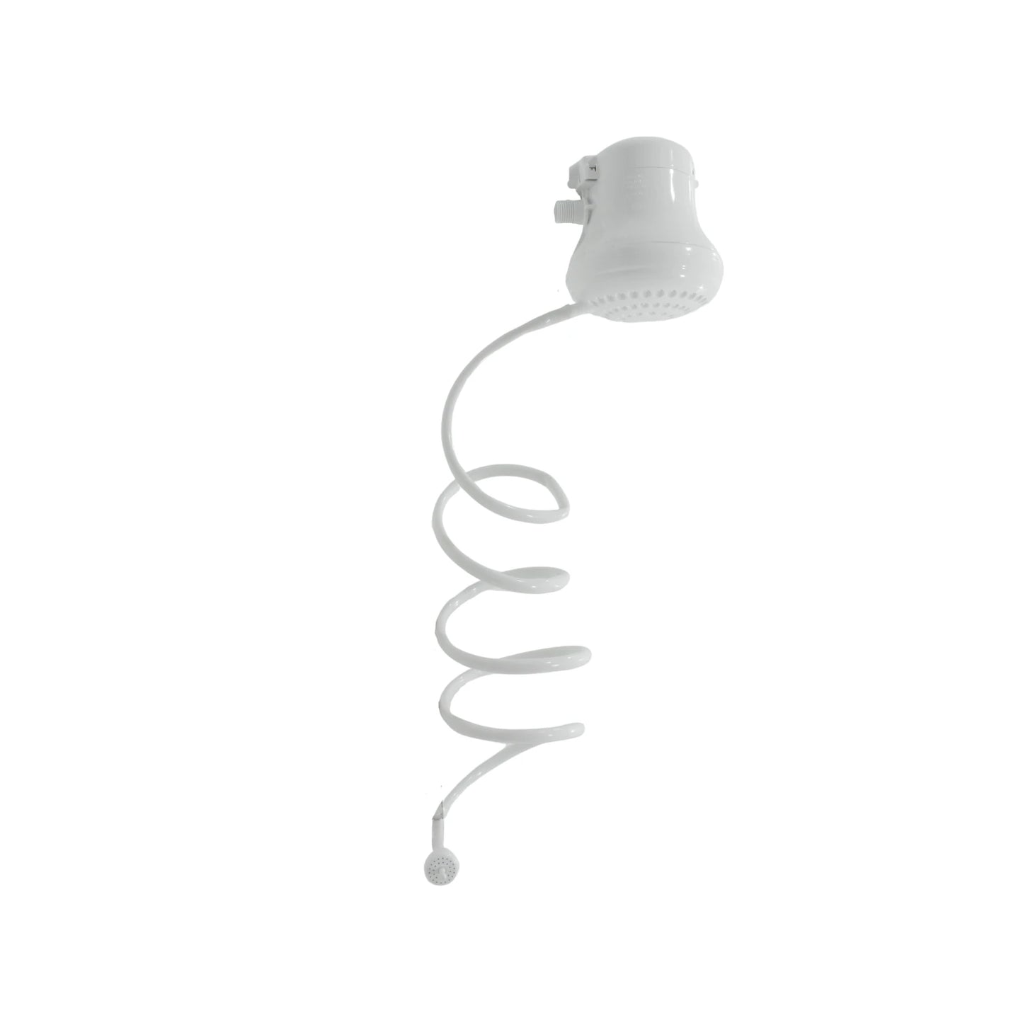 Regadera eléctrica blanca con manguera espiral y ducha de mano auxiliar para baño