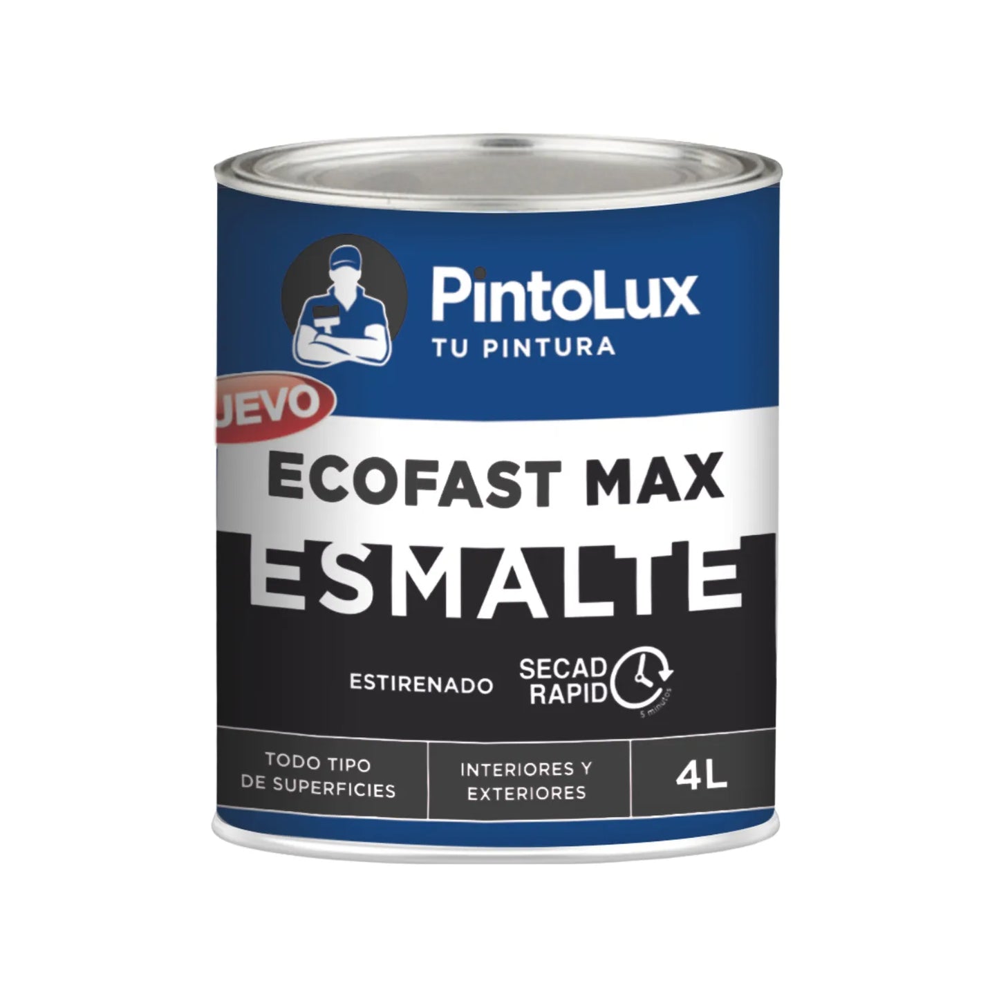 Pintura esmalte negra PintoLux EcoFast Max 4L, secado rápido 5 min, apta para todo tipo de superficies interiores y exteriores