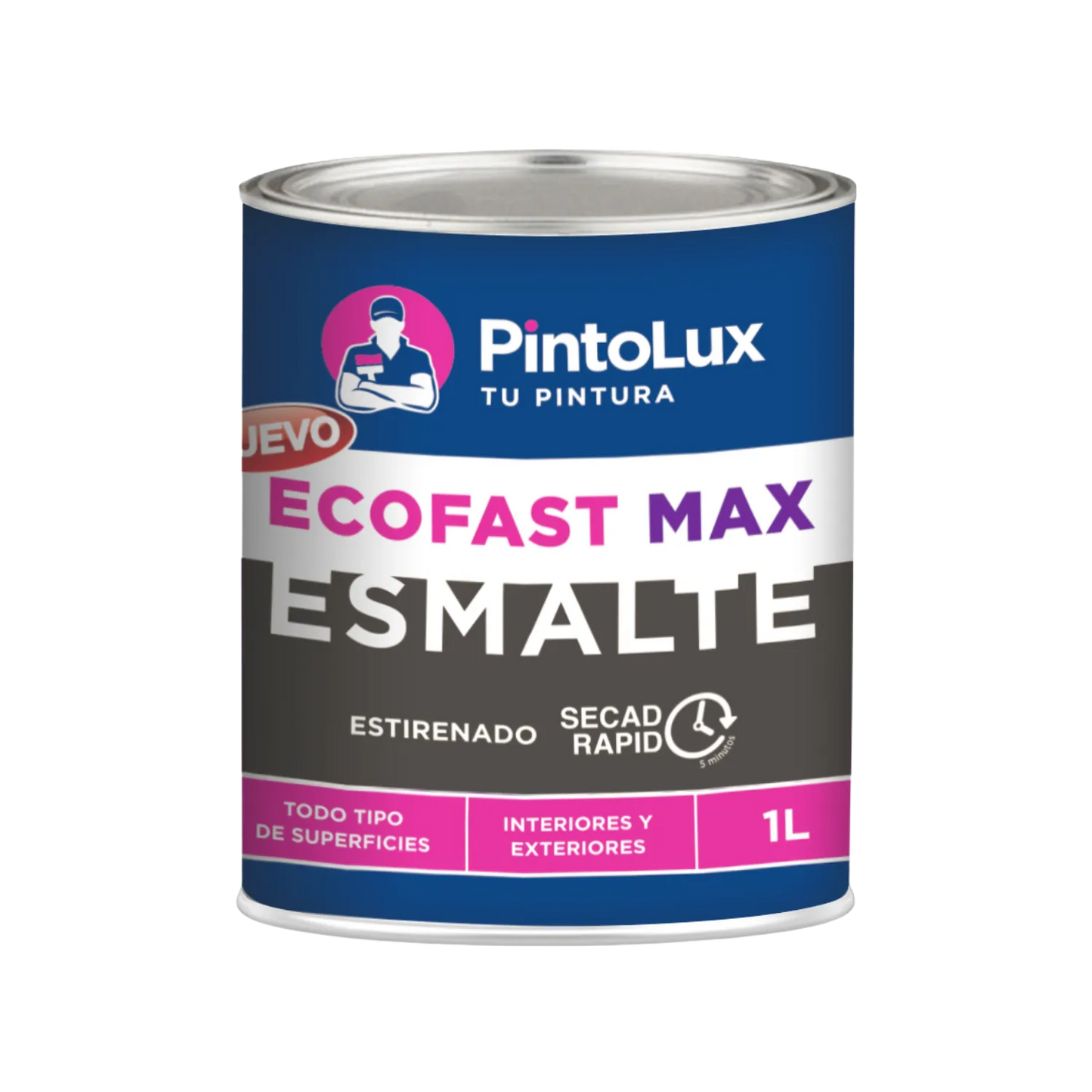 Pintura esmalte PintoLux EcoFast Max 1L. Secado rápido 5 min, para todo tipo de superficies, interior y exterior.