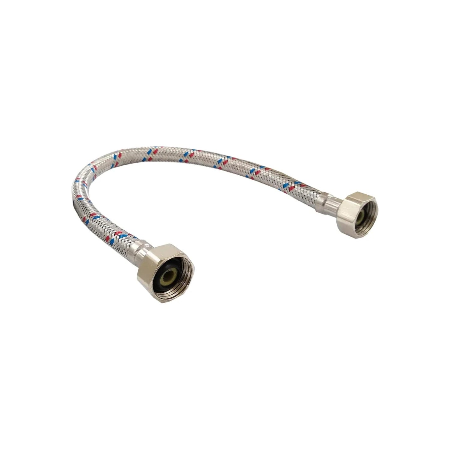 Manguera flexible para lavabo 40cm, trenzado metálico, conexiones roscadas, hilos rojo/azul.