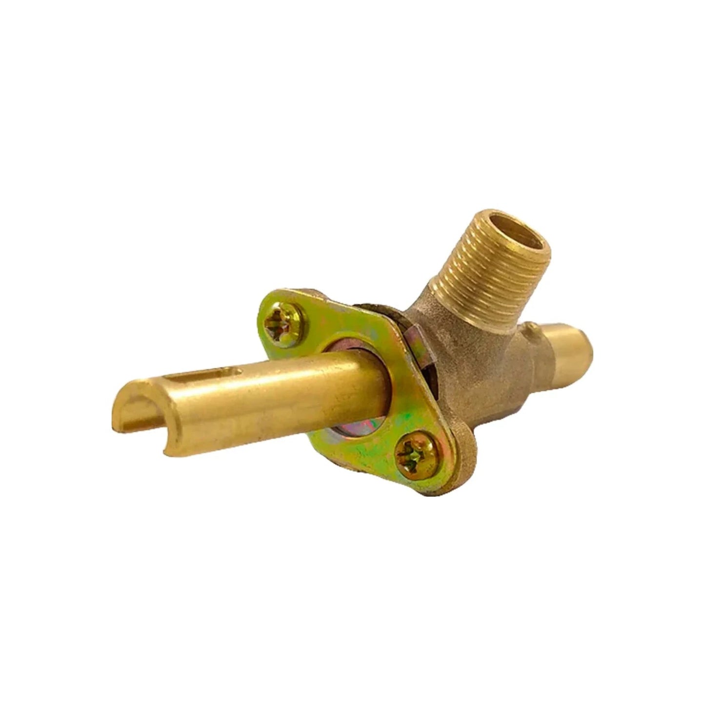 Válvula de gas para estufa de latón, conexión roscada, control de flujo manual, con placa de montaje.