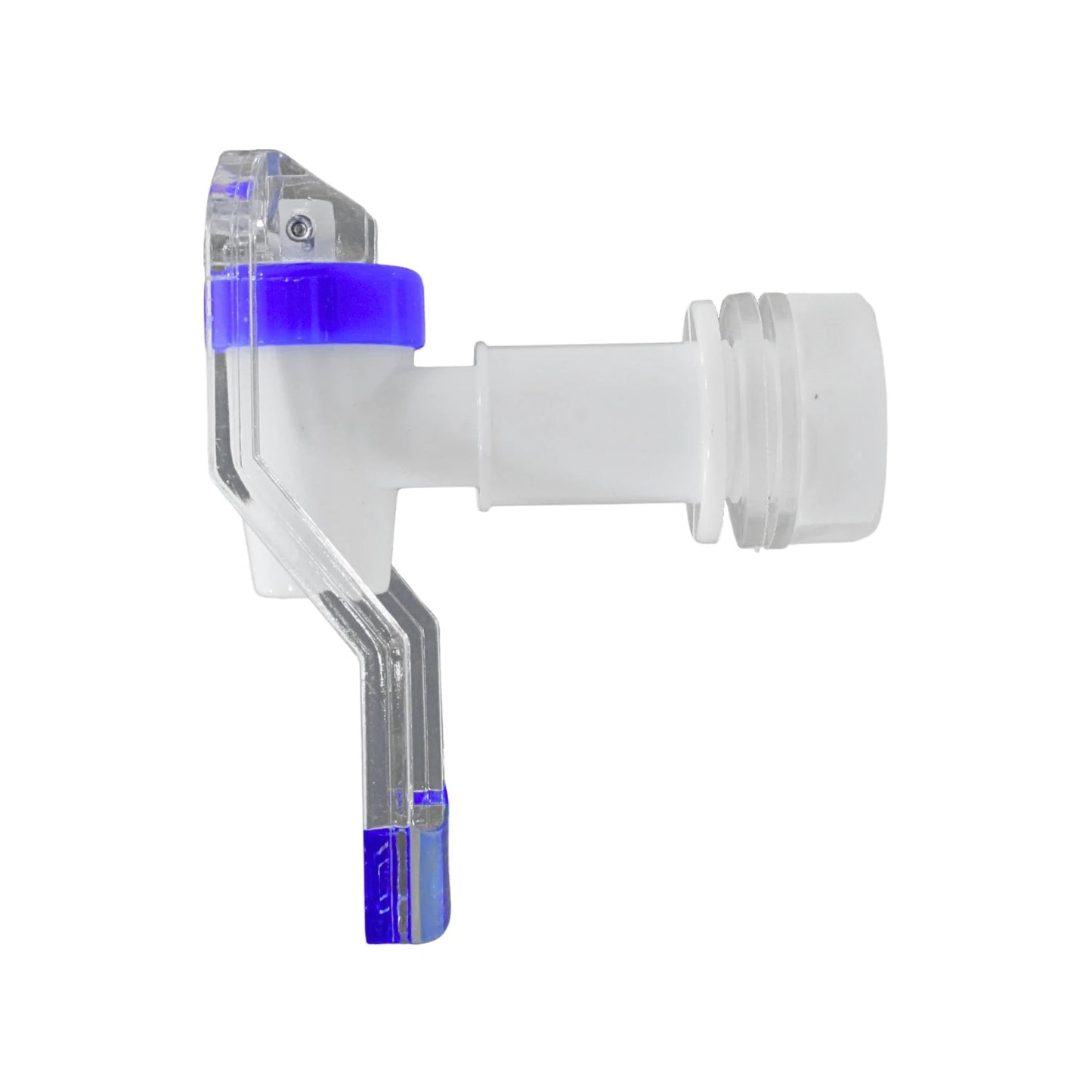 Llave para garrafón blanca de plástico, con grifo transparente y detalles azules, para dispensador de agua.