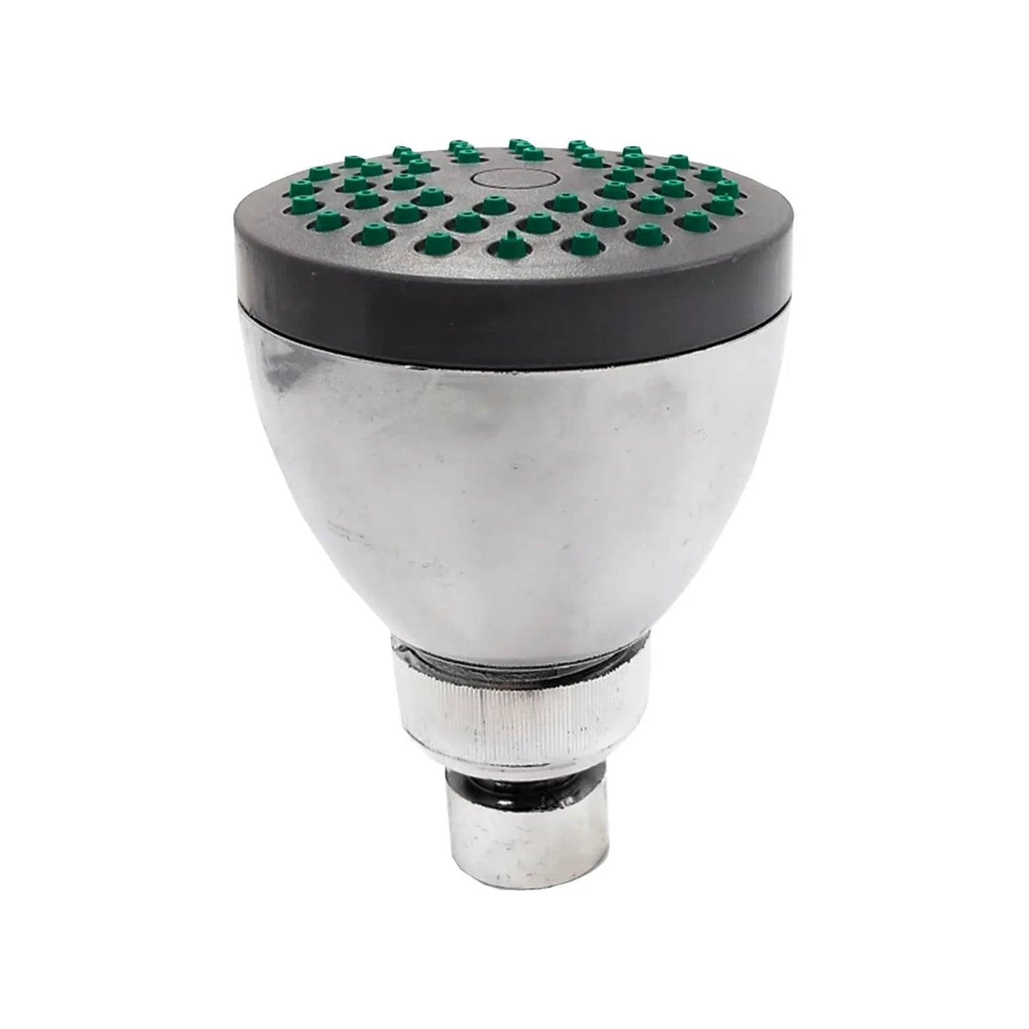 Regadera de ducha redonda cromada con boquillas verdes sobre disco negro