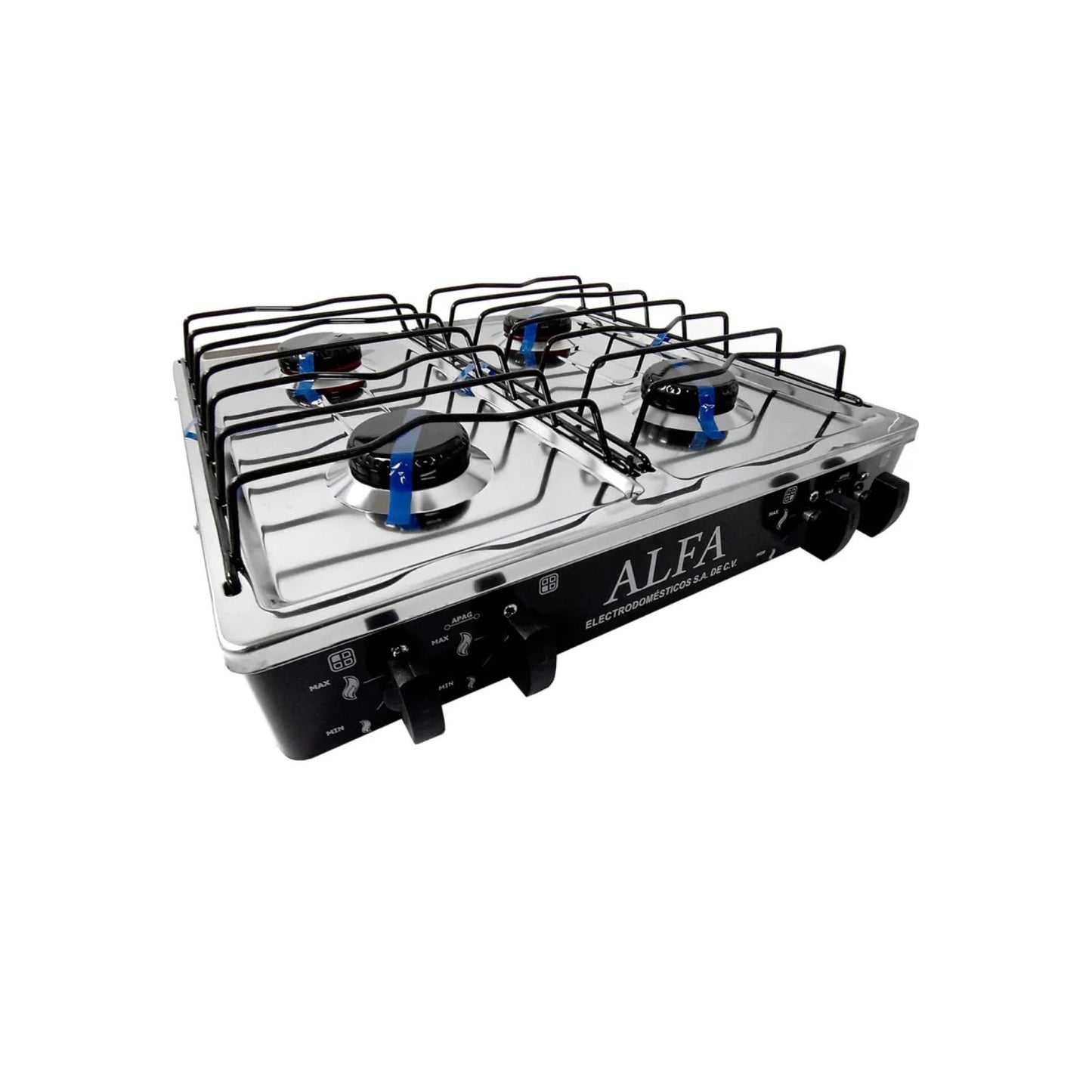 Estufa de gas Alfa con 4 quemadores, cubierta de acero inoxidable, parrillas y perillas negras.