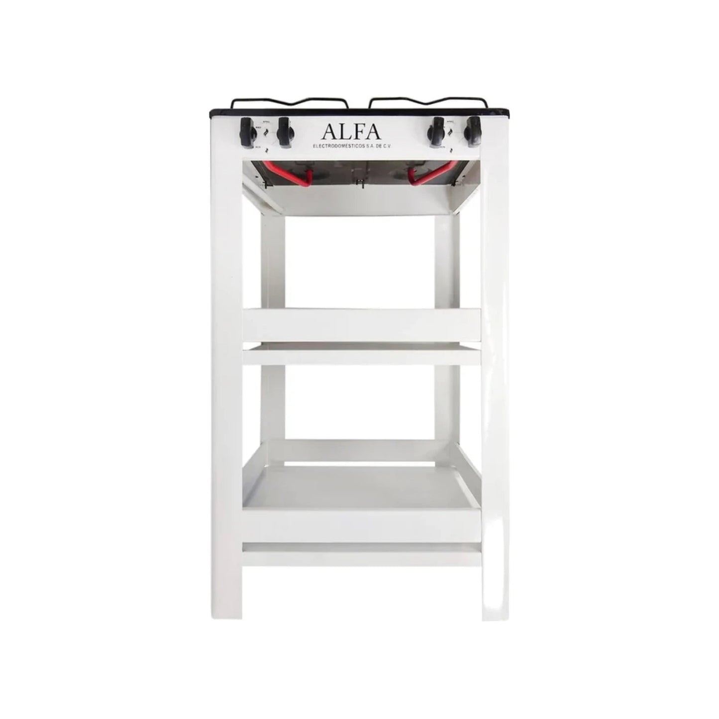 Estufa ALFA blanca de 4 quemadores con soporte y 2 estantes inferiores para almacenamiento de cocina.