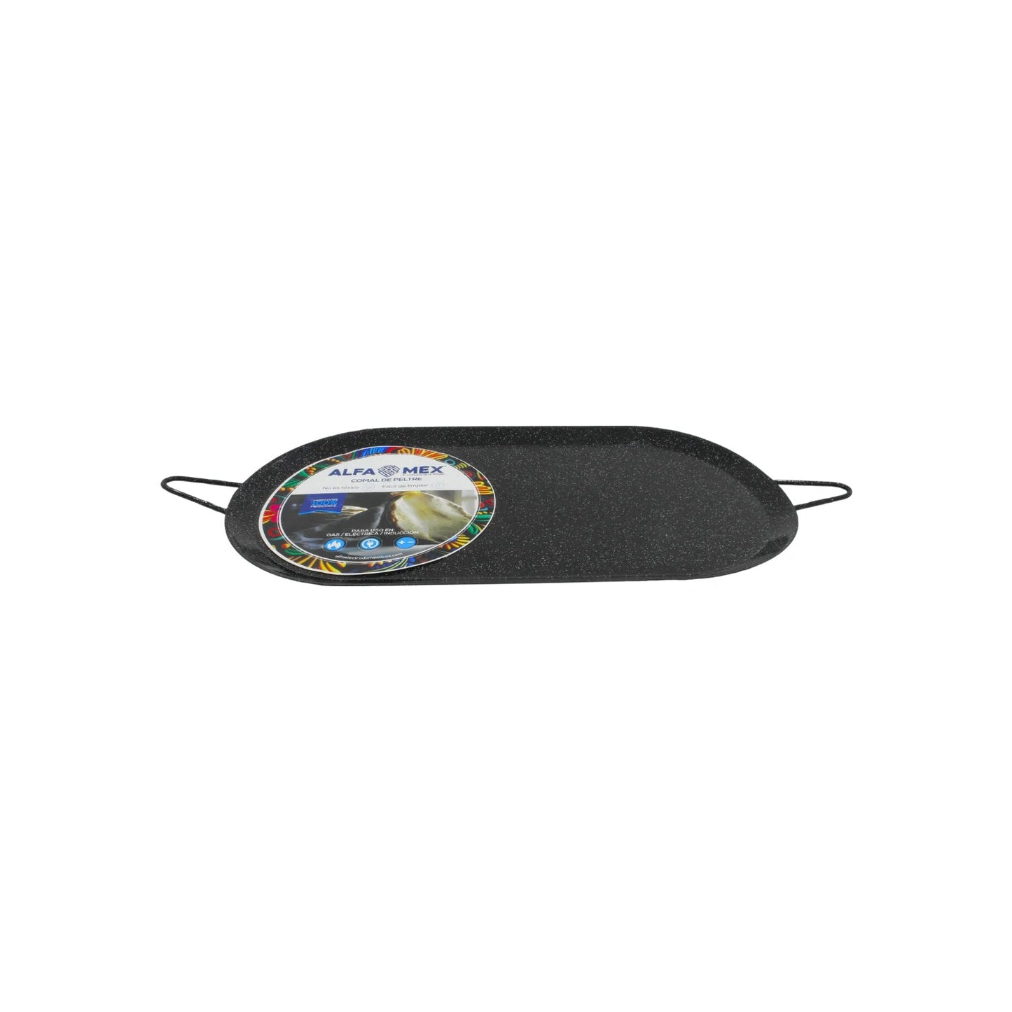 Comal ovalado grande Alfa Mex de peltre negro con acabado granito, fácil de limpiar, apto para estufa y parrilla