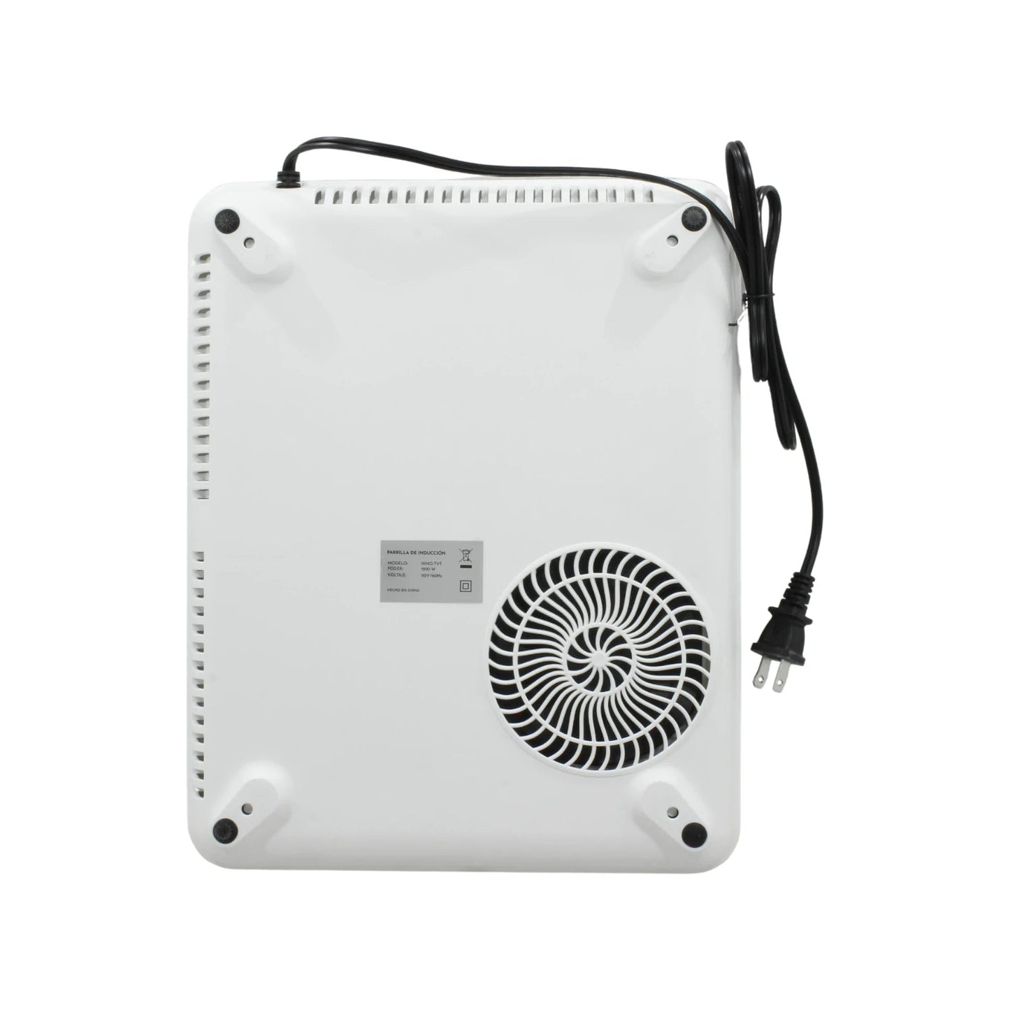 Base blanca de parrilla de inducción eléctrica con ventilador de enfriamiento, patas de goma antideslizantes y cable de corriente