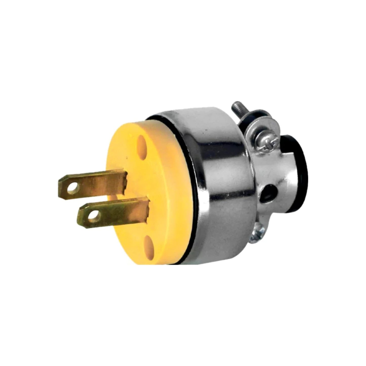 Clavija eléctrica industrial recta de 2 polos, base amarilla y cuerpo metálico cromado