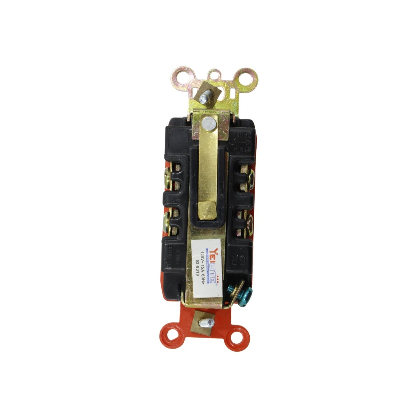 Contacto dúplex Yeilite naranja 15A 125V, vista trasera con terminales y etiqueta de especificaciones.