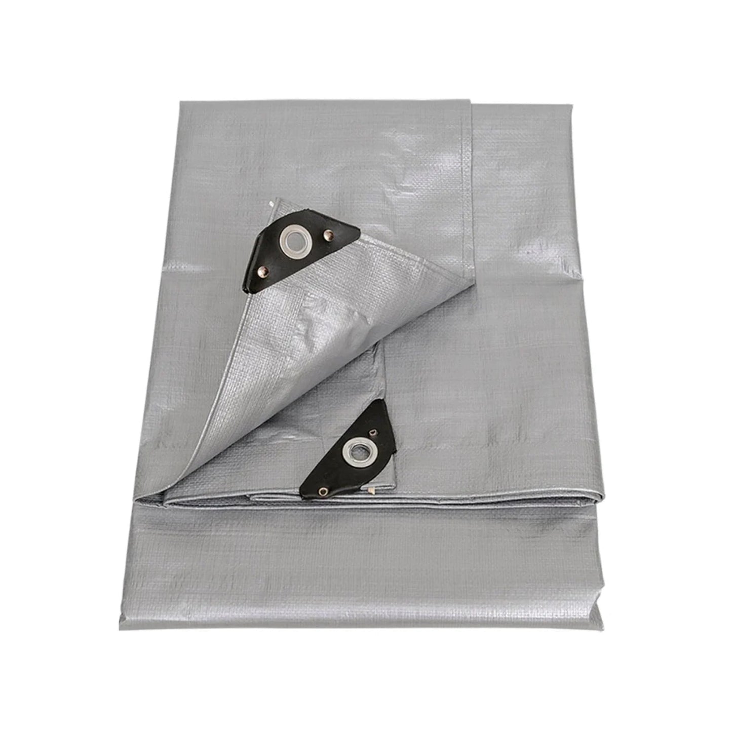 Lona impermeable gris de uso rudo plegada, con ojales metálicos y refuerzos triangulares para protección exterior.