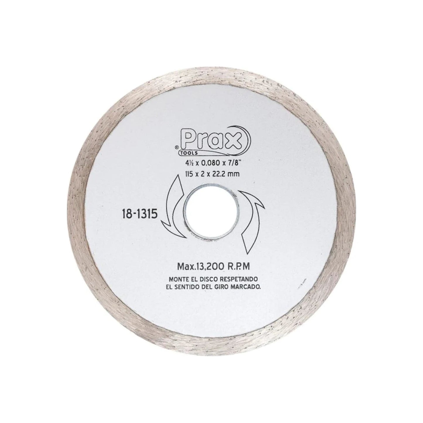 Disco diamantado Prax Tools 4 1/2" (115mm) corona continua para corte de cerámica, porcelanato y azulejos.