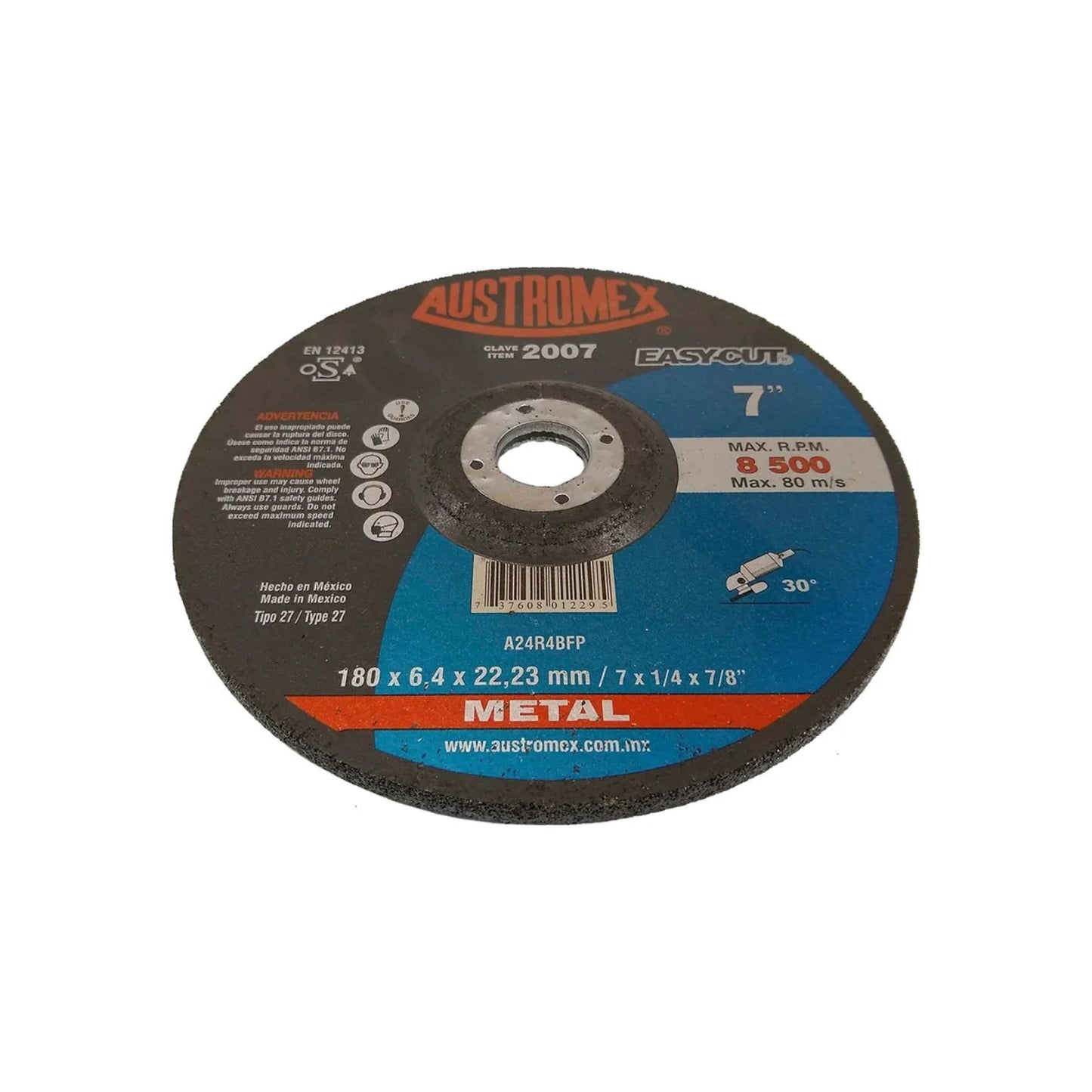Disco de desbaste Austromex EasyCut 7 pulgadas para metal, 180x6.4mm, 8500 RPM, uso con amoladora