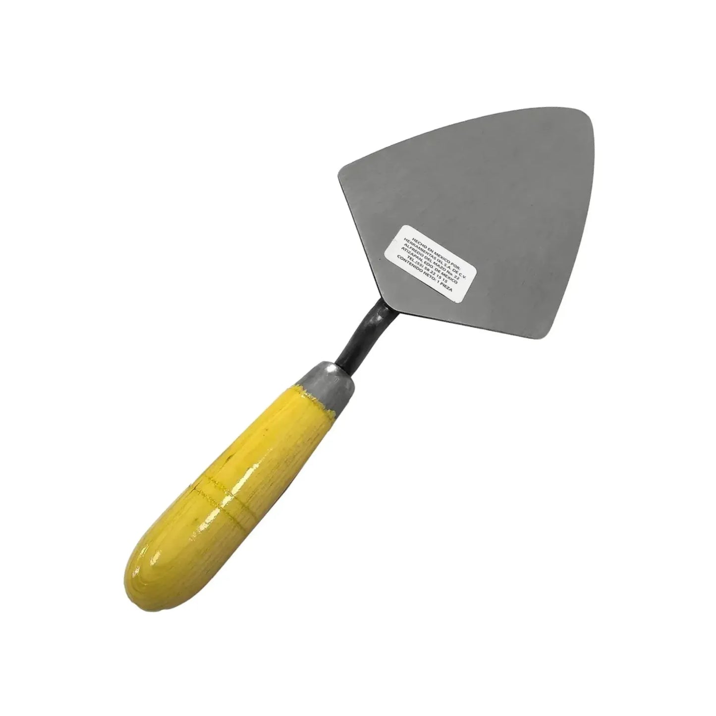 Espátula de albañil tipo triangular con hoja de acero y mango de madera color amarillo para trabajos de construcción