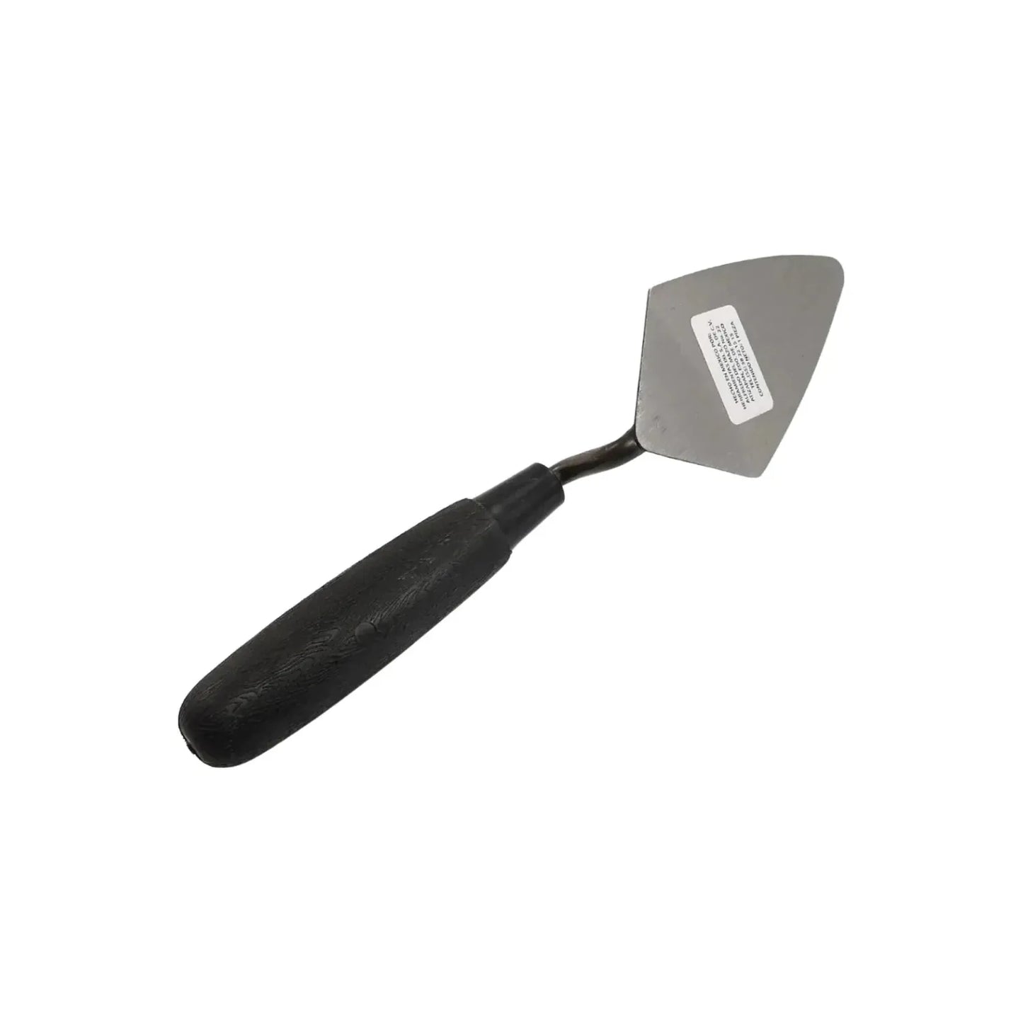 Cuchara de albañil tipo paleta con punta triangular y mango de madera negro para acabados y aplicación de mortero