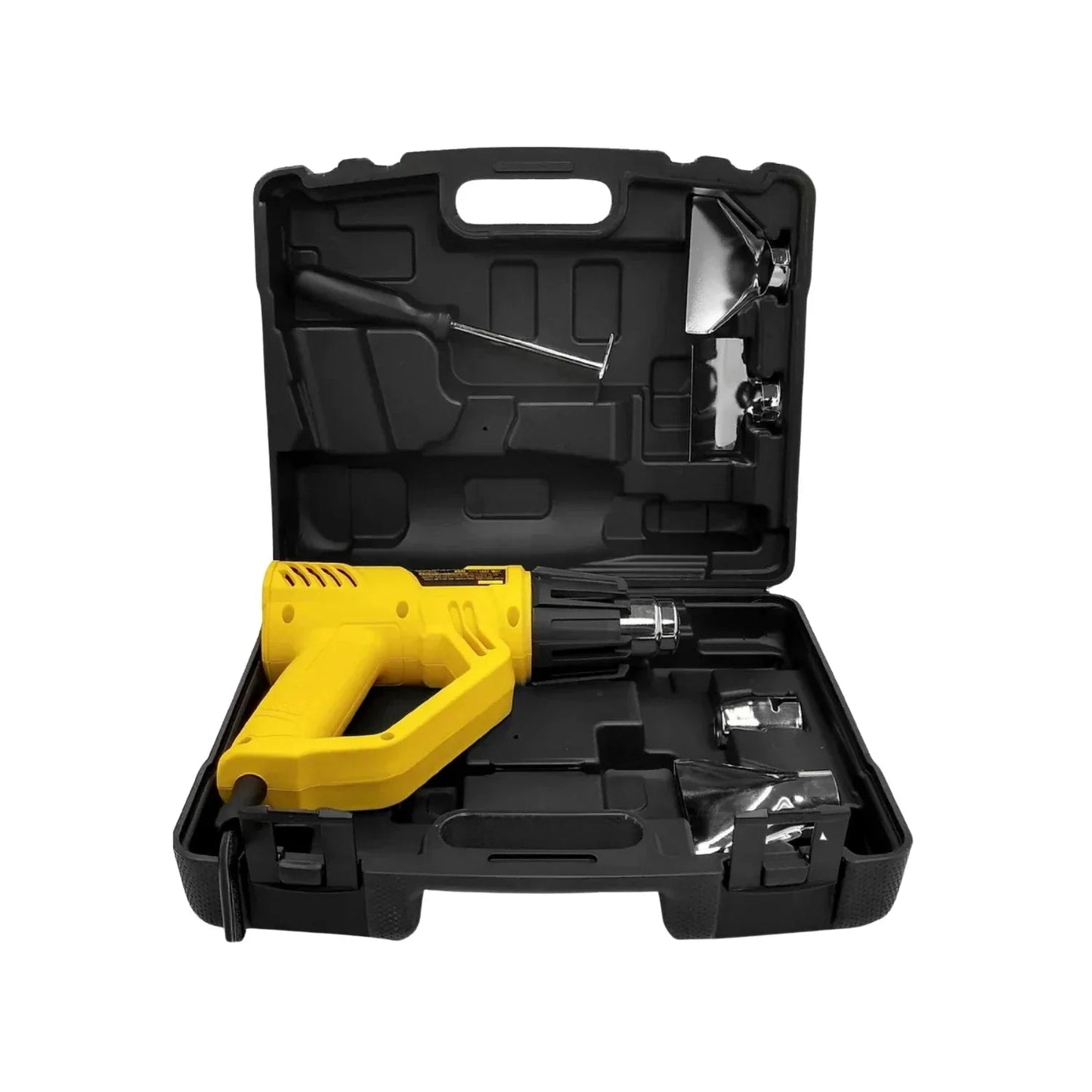Pistola de calor eléctrica amarilla con kit de accesorios y maletín. Ideal para remover pintura o termocontraíble.