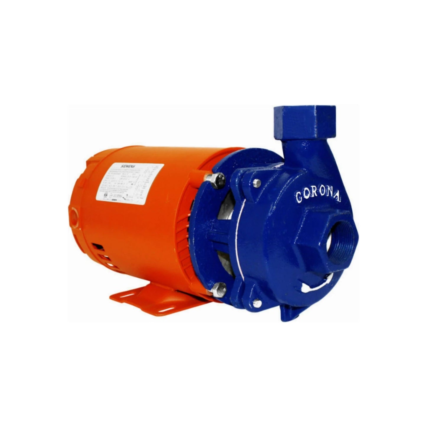 Bomba centrífuga CORONA azul con motor SIEMENS naranja para bombeo de agua