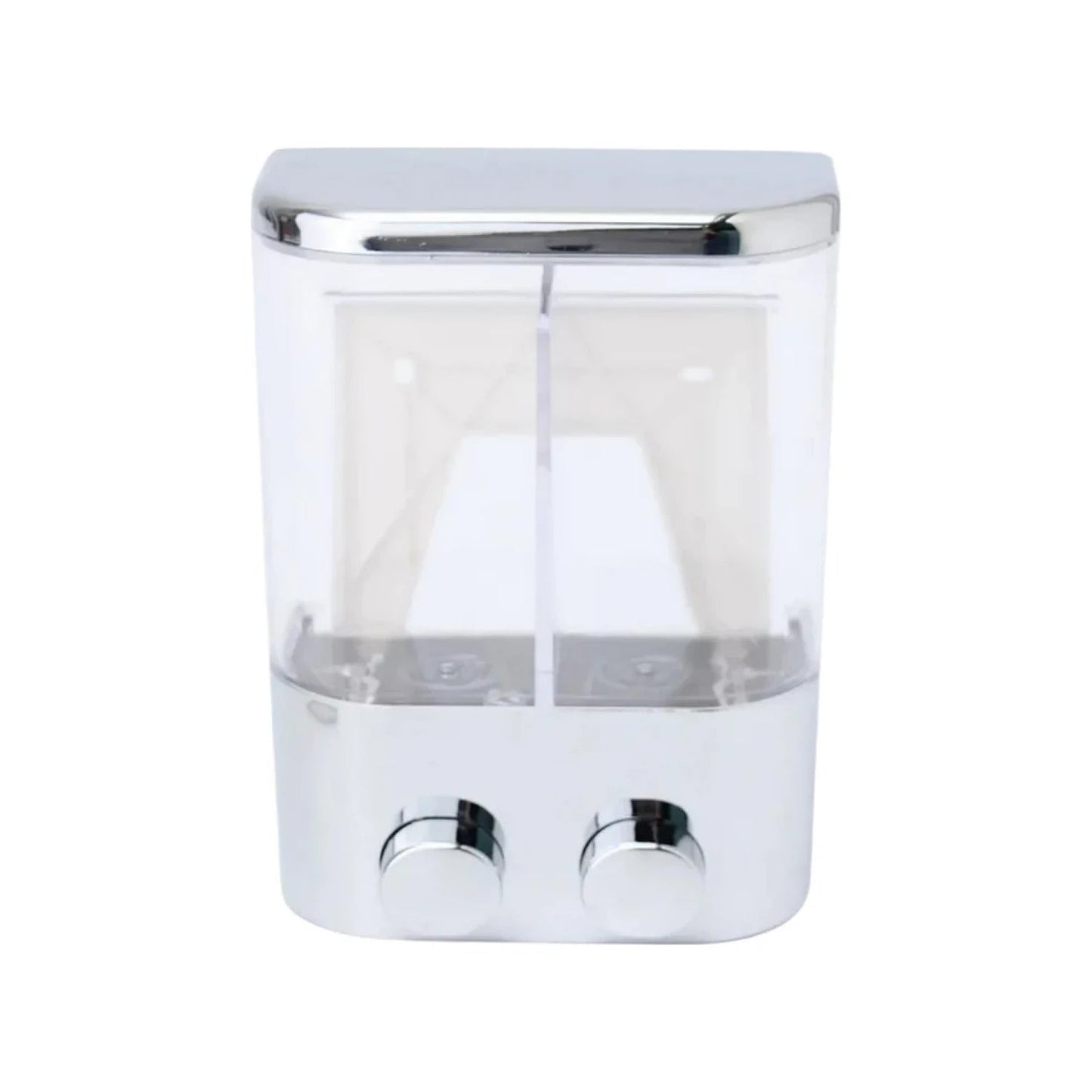 Dispensador doble de jabón líquido o champú para baño, acabado cromado con tanques transparentes.
