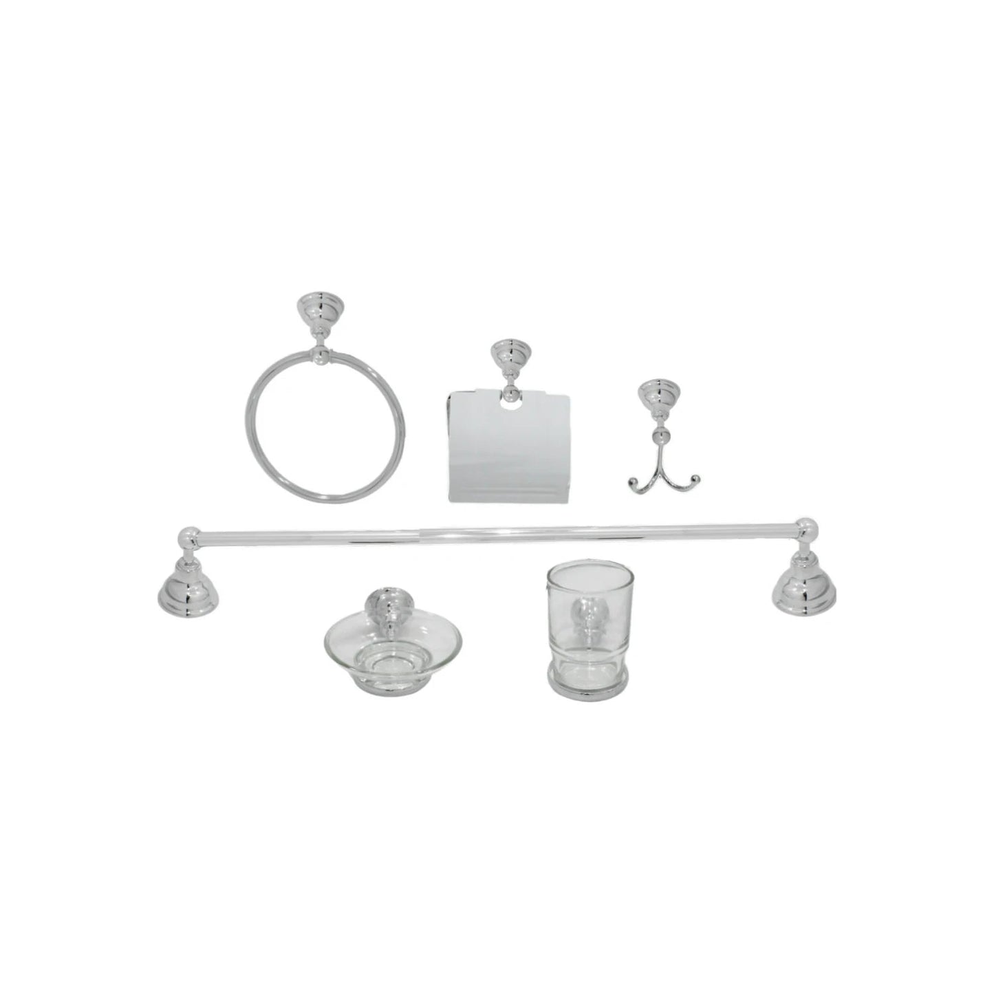 Juego de 6 accesorios de baño cromados: toallero, portarrollos, gancho, jabonera, vaso y barra.