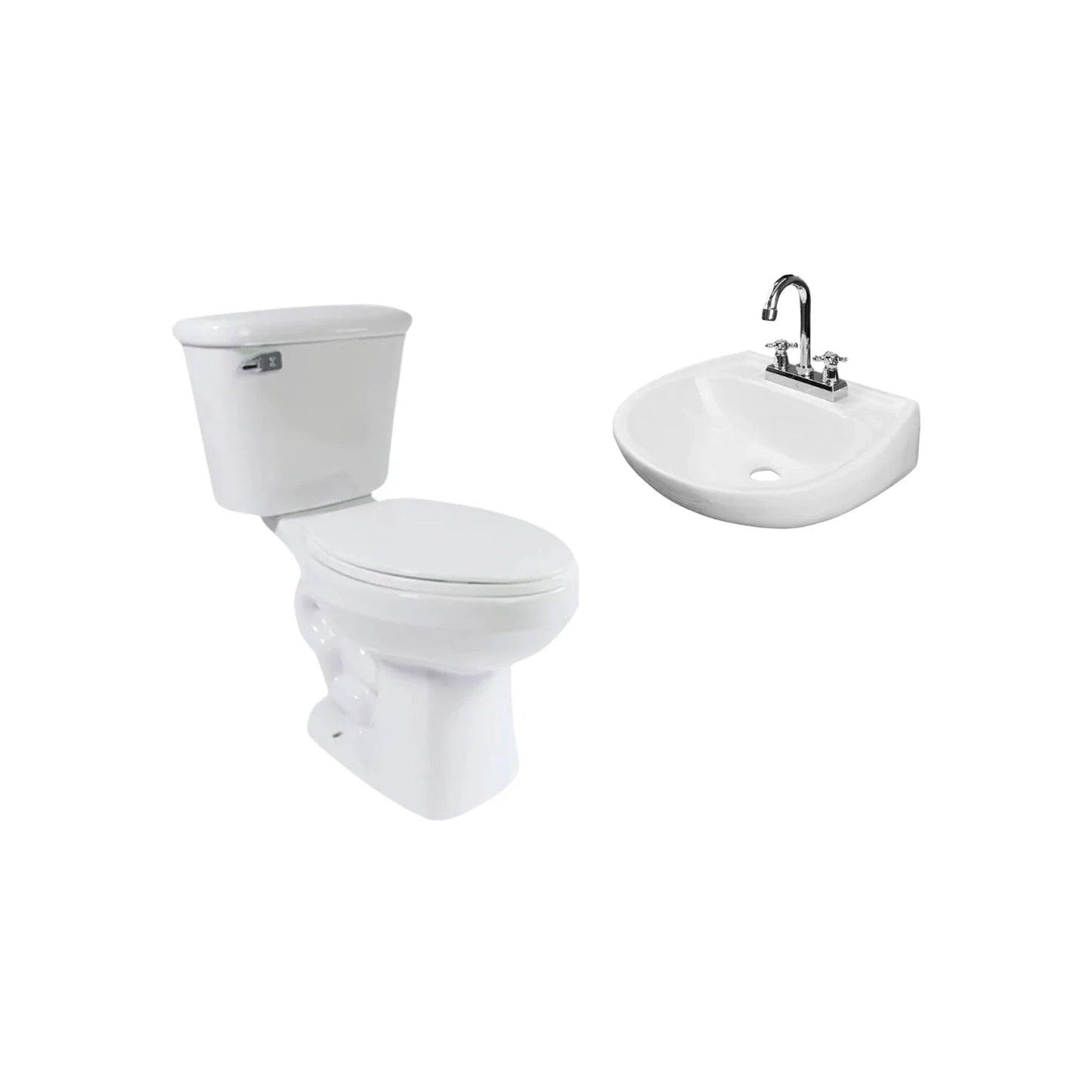 Kit de inodoro blanco cerámico y lavabo compacto de pared con grifo mezclador cromado.