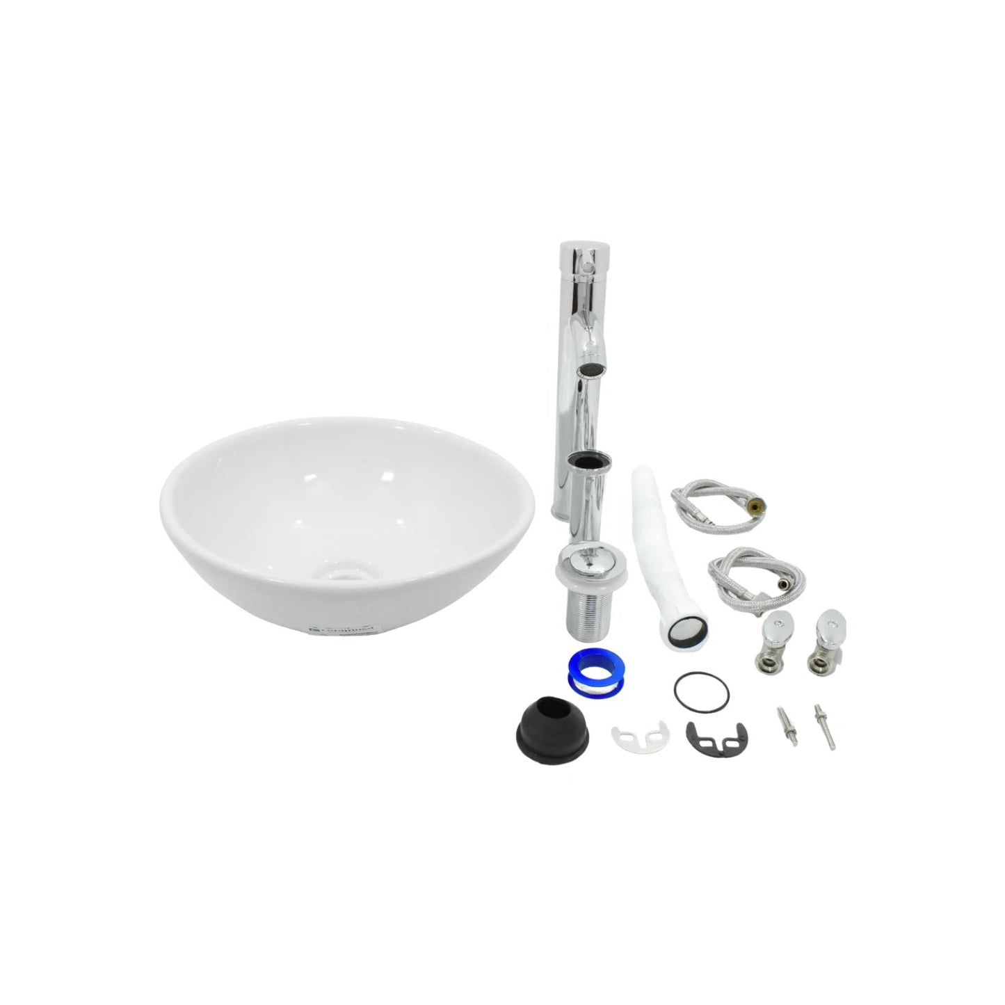 Kit completo de lavabo redondo de cerámica blanca, grifo monomando cromado, desagüe, mangueras y accesorios de instalación para baño.