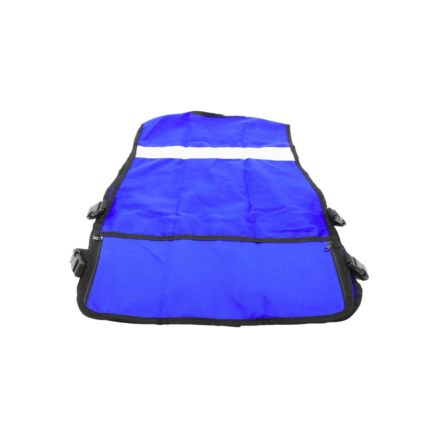 Chaleco de seguridad azul rey con banda reflectante blanca, bolsillos con cremallera y hebillas laterales ajustables