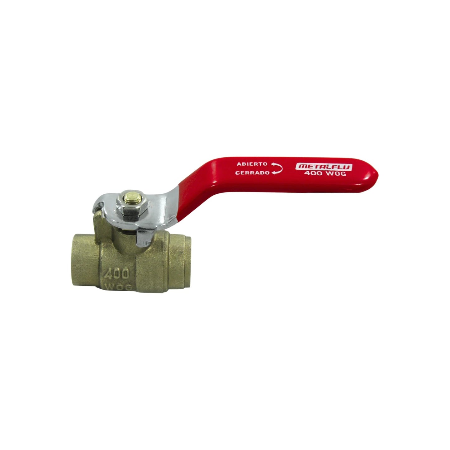 Válvula de esfera Metalflu de latón con manija roja, 400 WOG, para control de flujo de agua y gas.