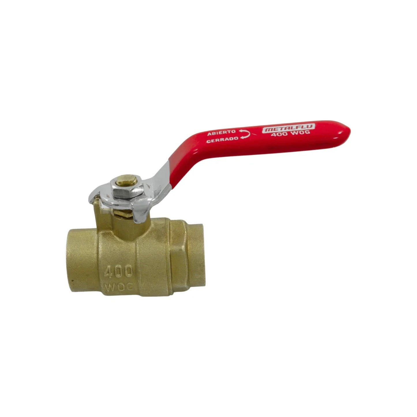 Válvula de esfera latón Metalflu 400 WOG con manija roja, ideal para control de flujo en sistemas de agua y gas.