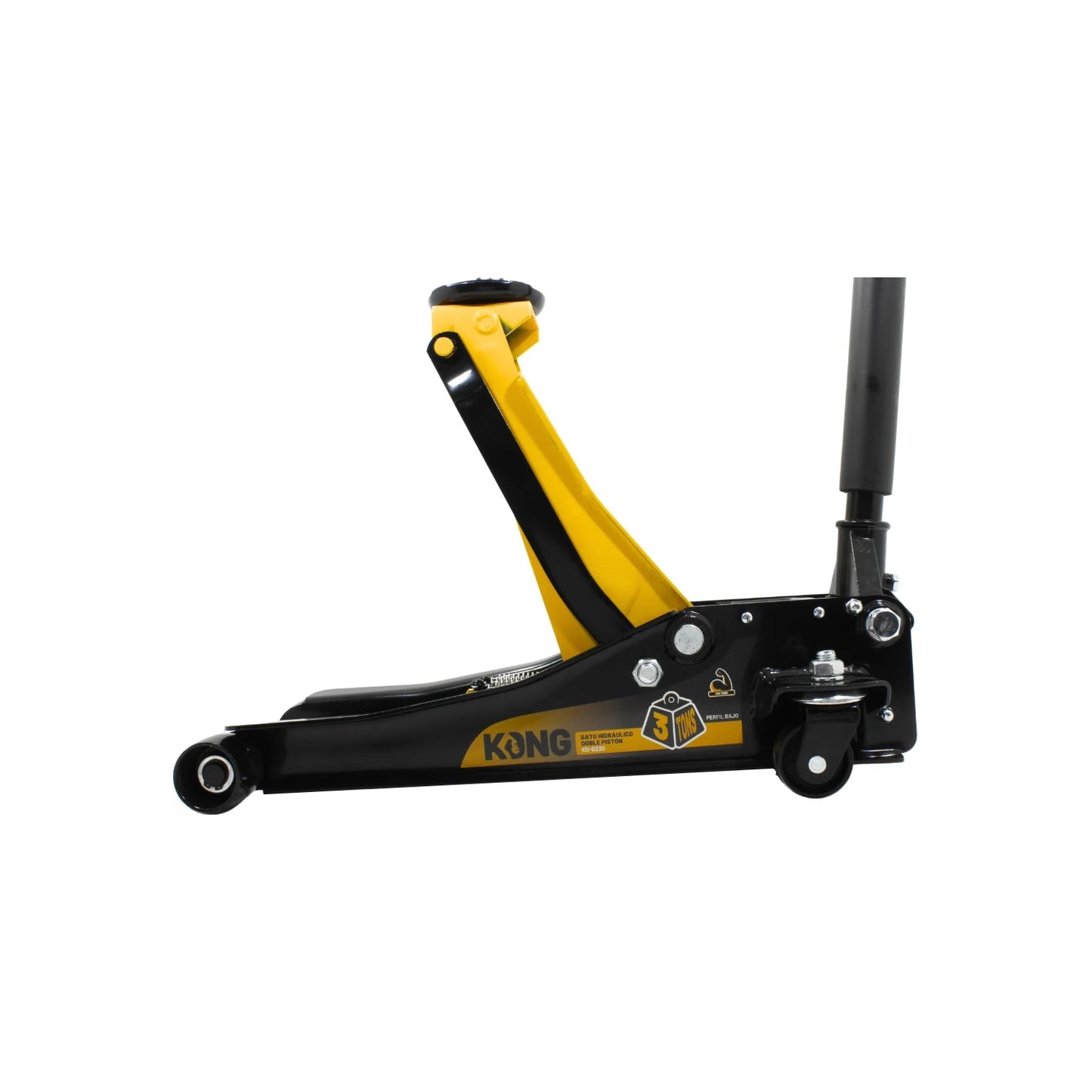 Gato hidráulico de patín Kong 3 toneladas de pistón, perfil bajo, amarillo y negro