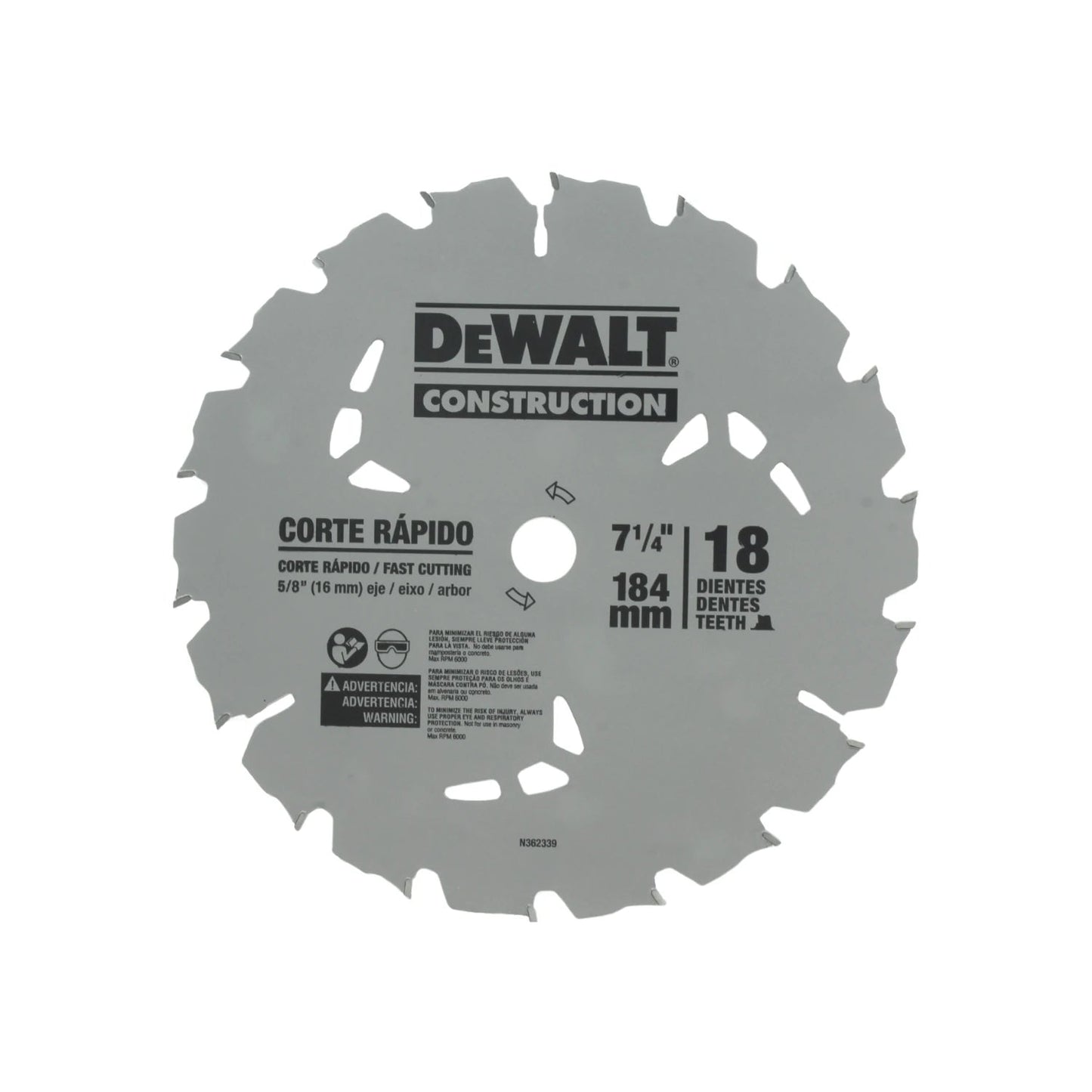 Disco de sierra circular Dewalt 7 1/4" de 18 dientes para corte rápido de madera, eje 5/8" (16mm)
