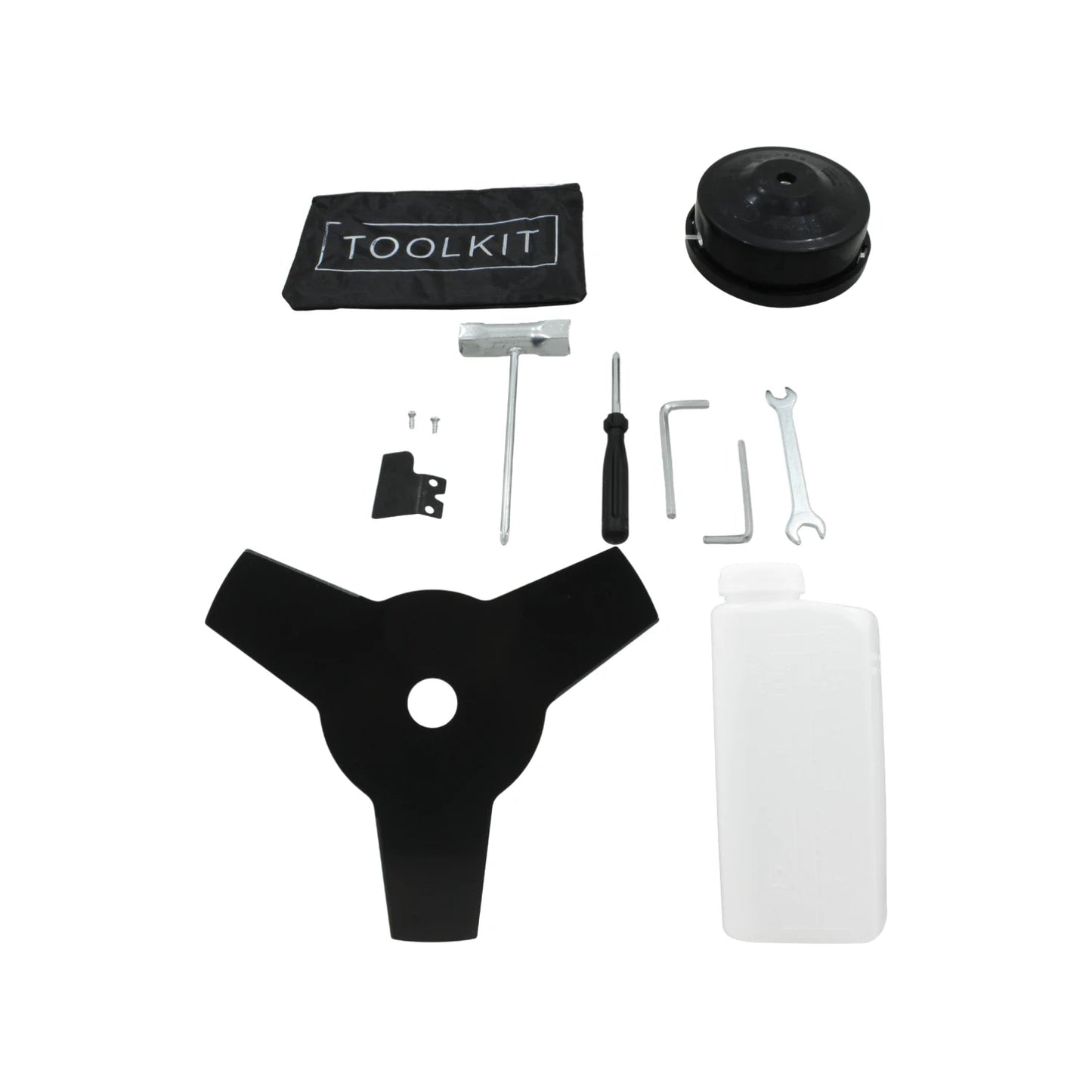 Kit de accesorios y herramientas para desbrozadora: cuchilla 3 puntas, cabezal nylon, bote mezcla combustible, llaves.