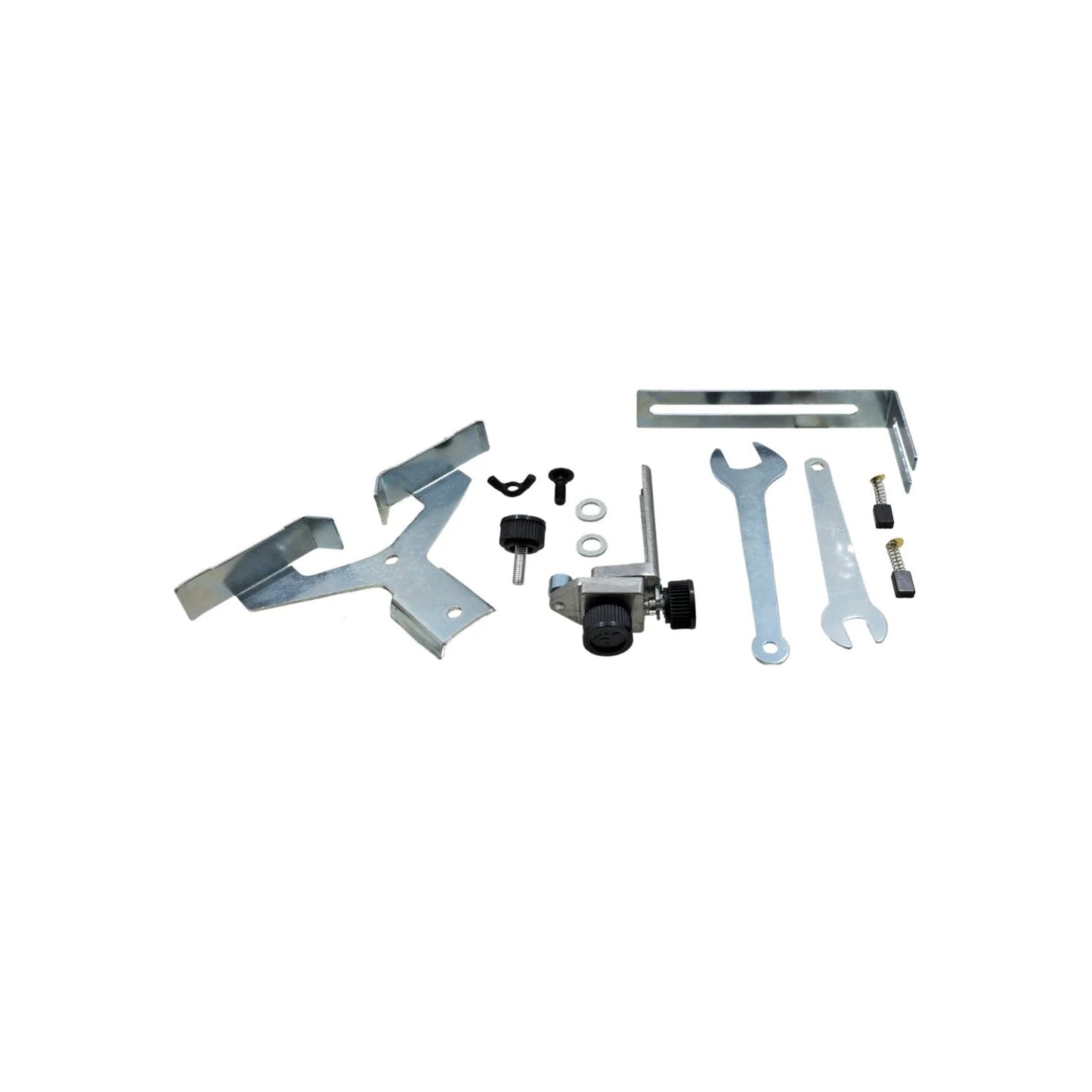 Kit de repuestos y accesorios para router eléctrico: llaves, soportes, regulador de profundidad y carbones.