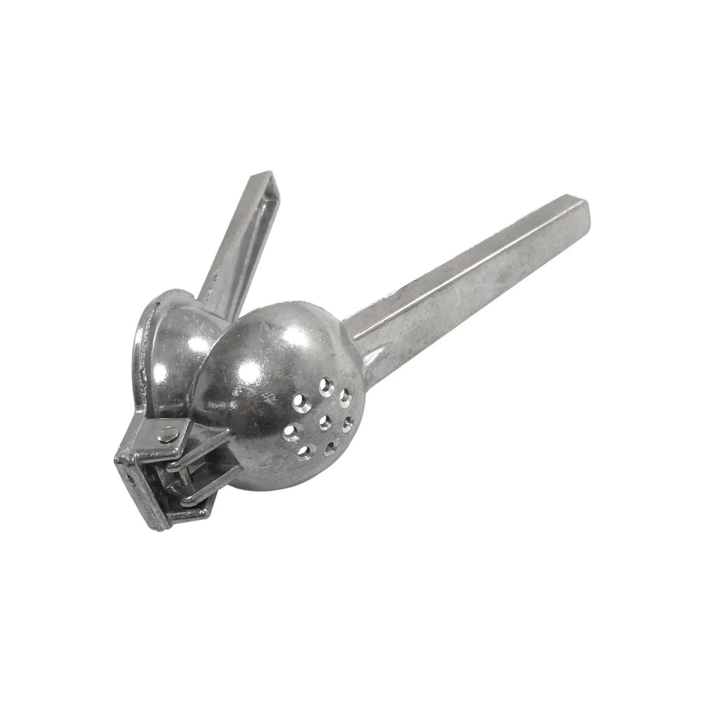Exprimidor de limón manual chico de metal abrillantado, ideal para jugos de cítricos.