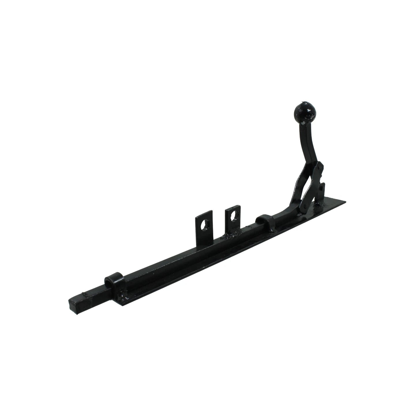 Pasador de piso colonial negro con perno deslizante y manija de bola, ideal para seguridad.