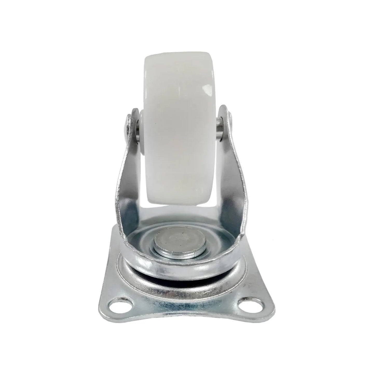 Rodaja giratoria blanca de 1.5 pulgadas con placa de montaje metálica para muebles y equipos de ferretería.