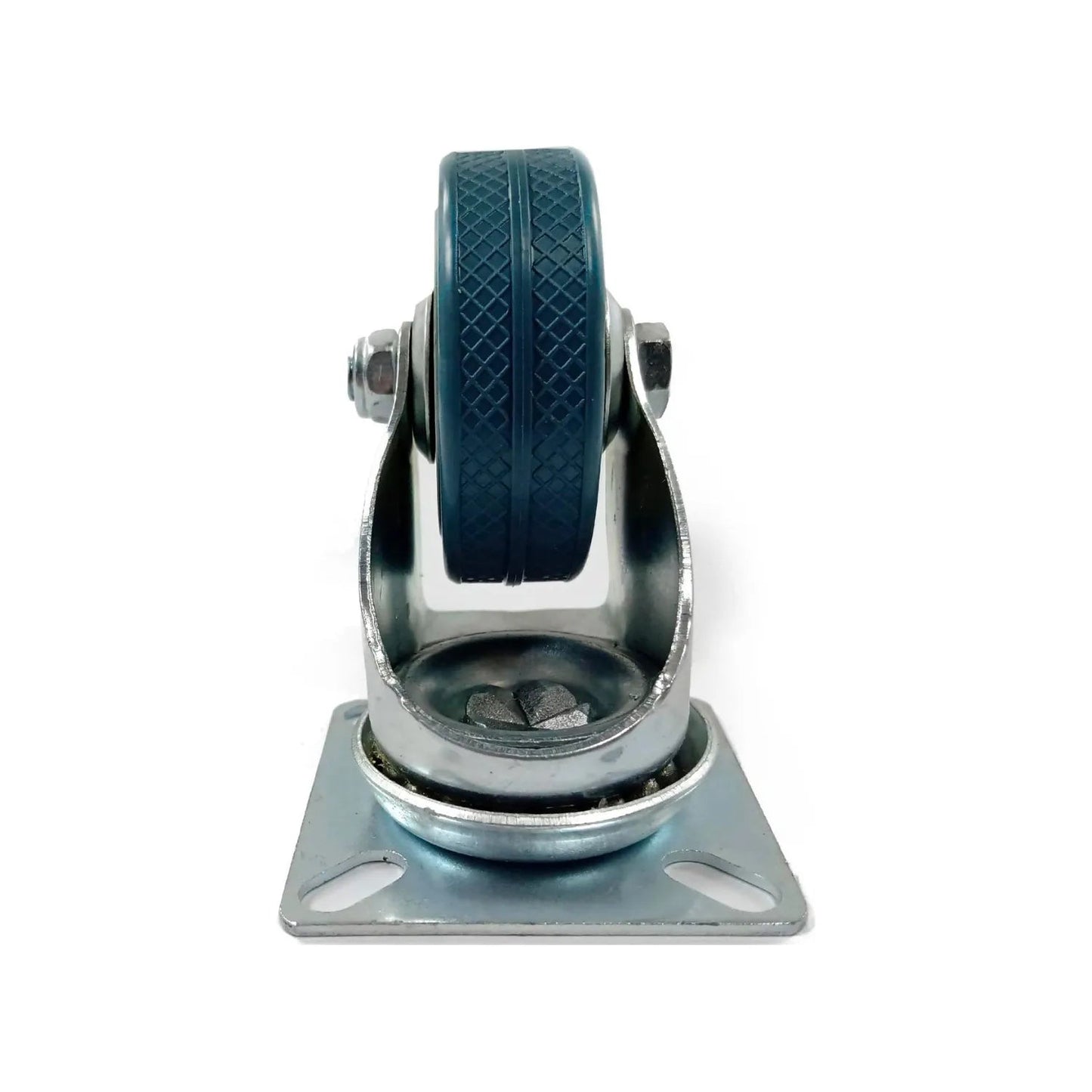 Rodaja giratoria de 2 pulgadas, rueda azul texturizada y estructura metálica galvanizada para muebles, carros y equipos.