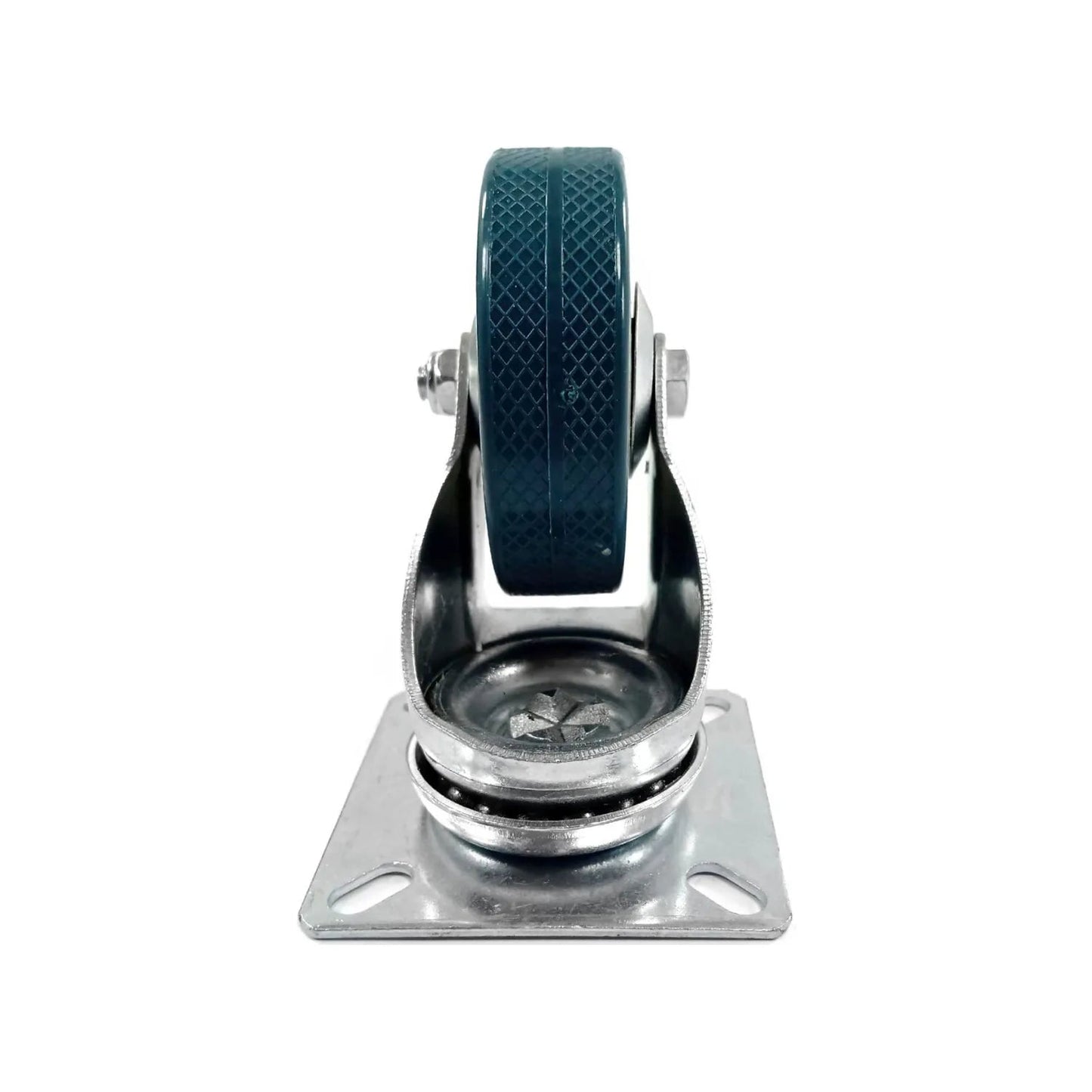 Rodaja giratoria azul-verde de 3" con placa metálica, ideal para carros, muebles o equipos industriales