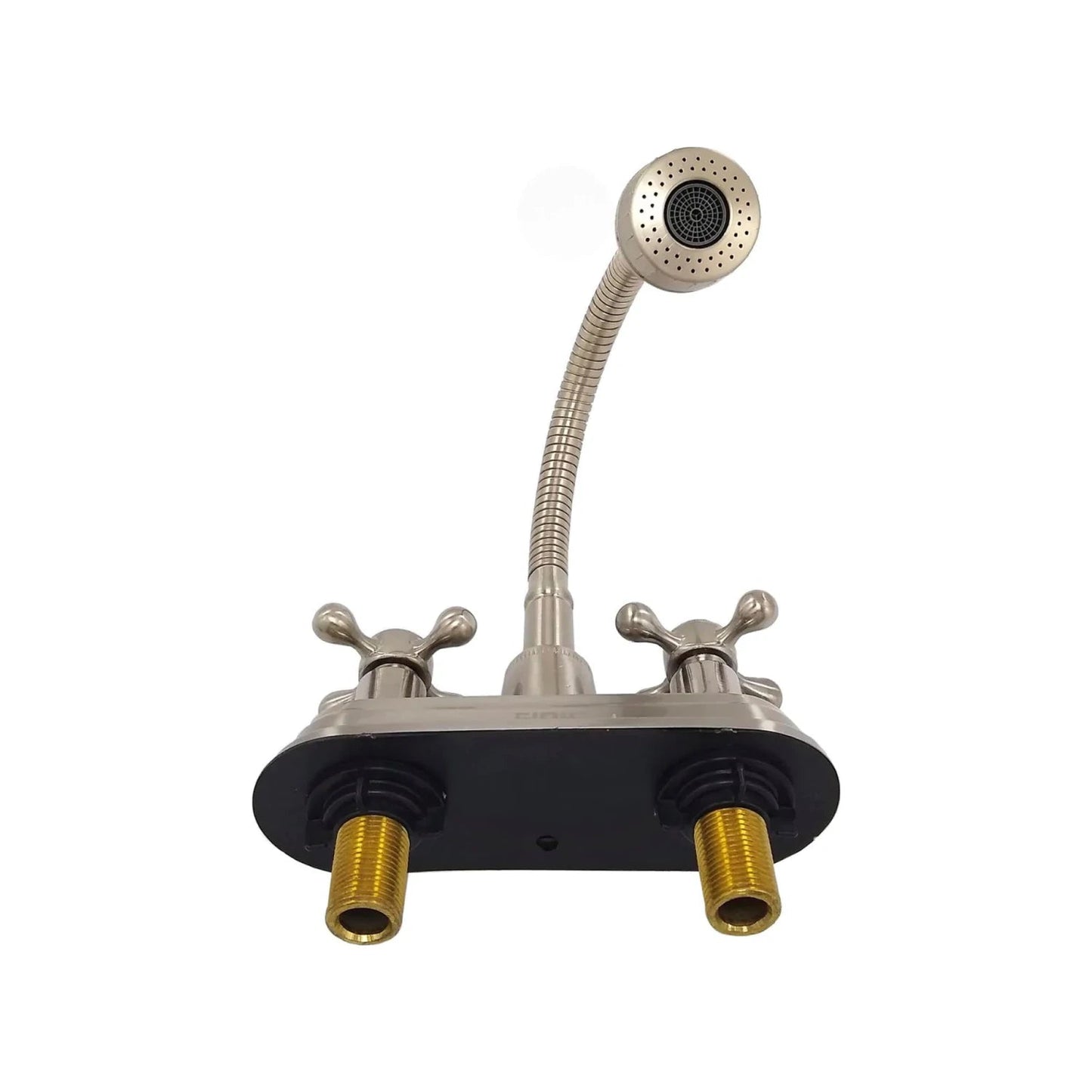 Mezcladora Fidic para lavabo 4" níquel cepillado con rociador flexible y manijas de cruz