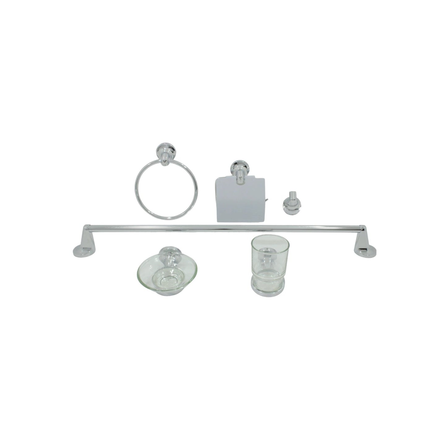 Juego de 6 accesorios de baño cromados: toallero, barra, porta rollo, gancho, jabonera y vaso de vidrio.