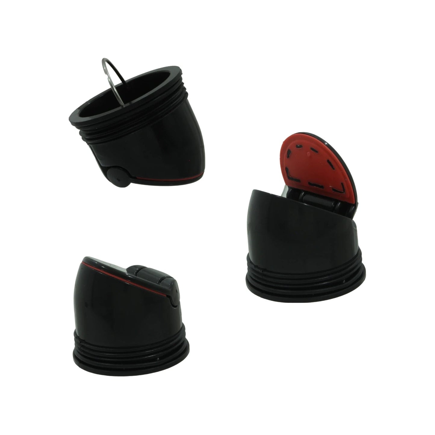 Tapón dosificador de plástico negro con rosca, tapa abatible roja y aro metálico interno