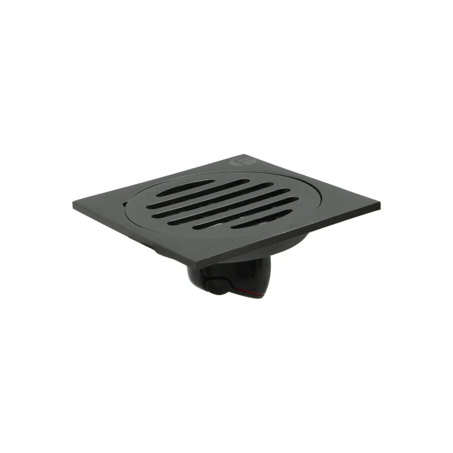 Coladera de piso cuadrada gris oscuro con rejilla redonda y sistema anti olores para baño