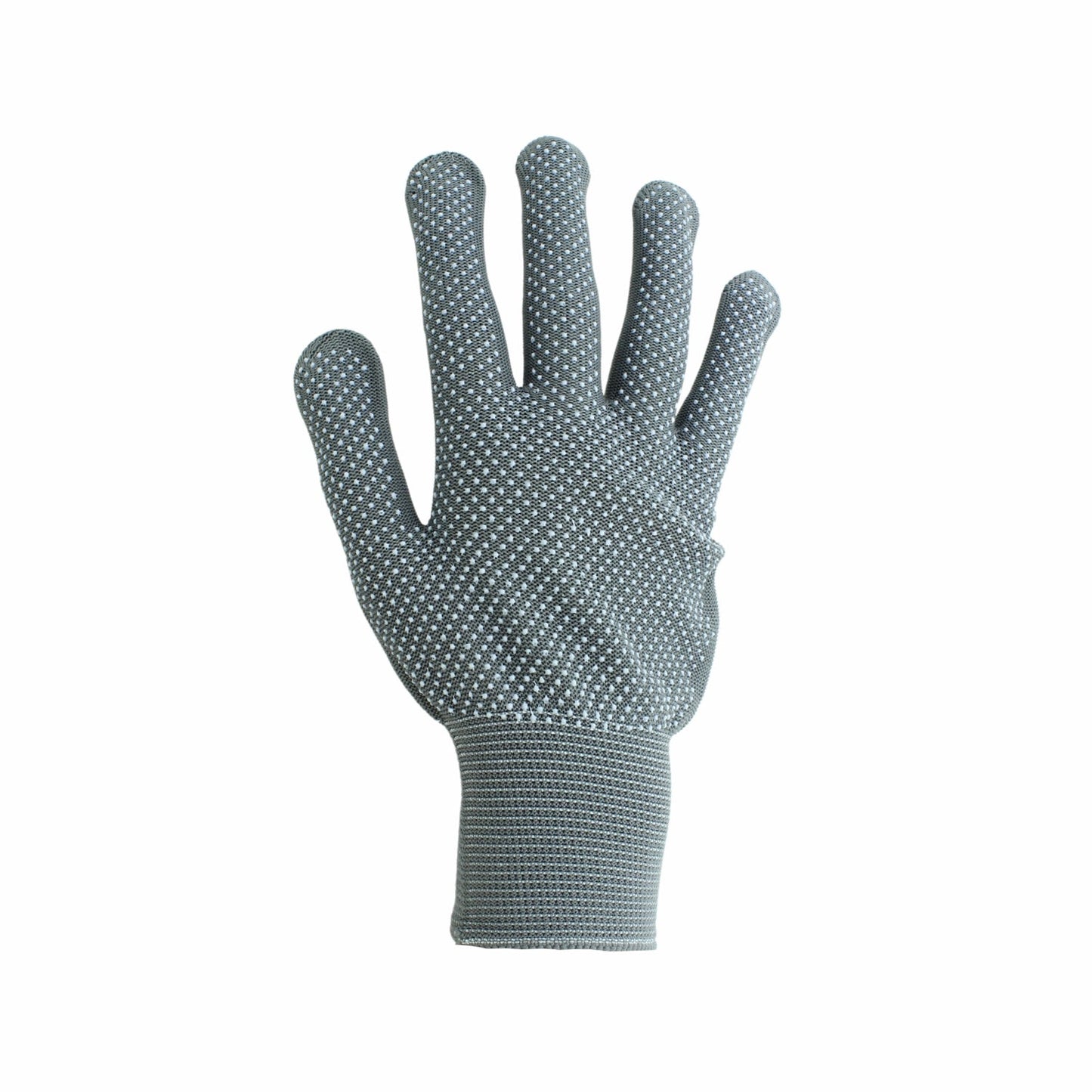 Guante de trabajo gris de nylon con puntos antiderrapantes para agarre seguro en ferretería