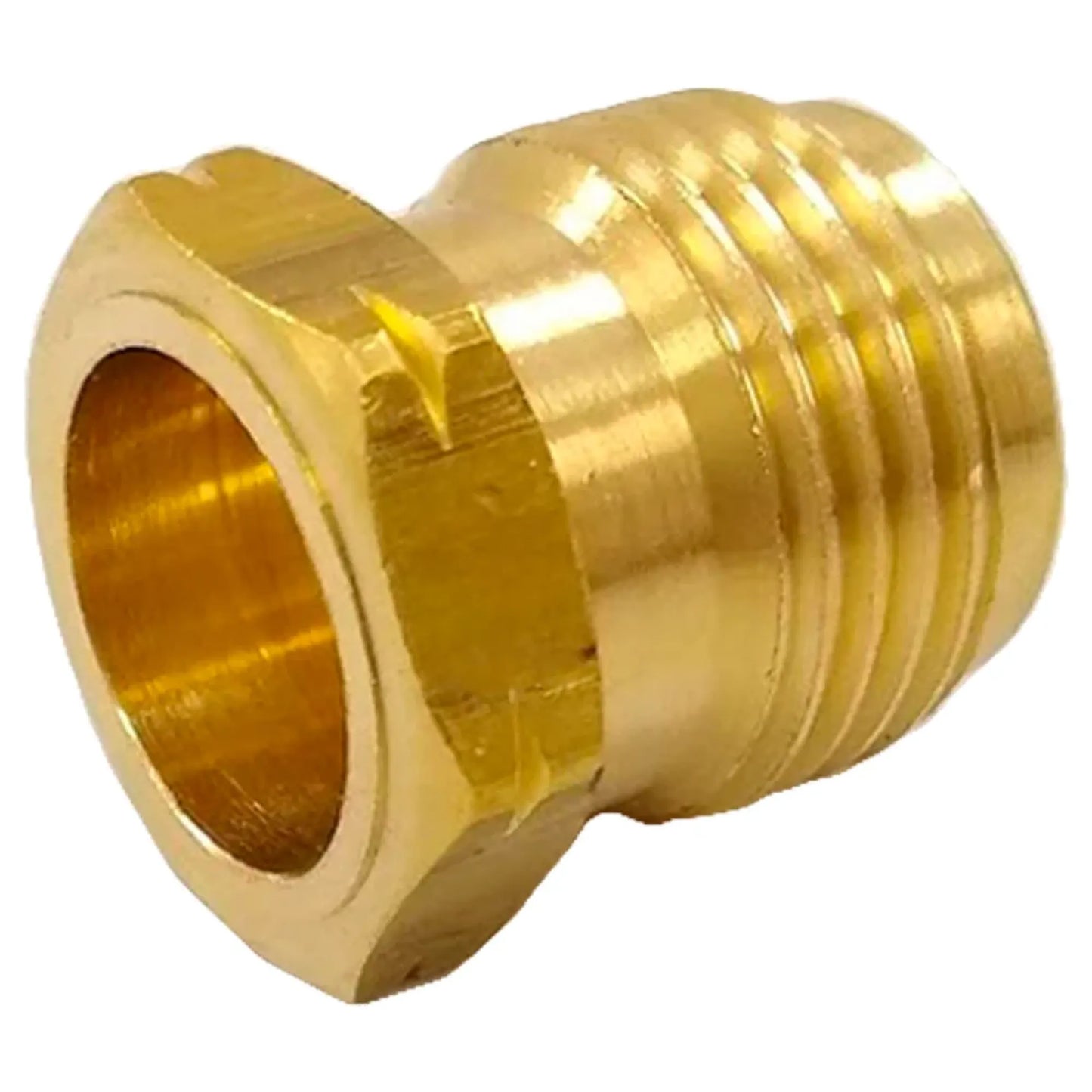 Conector de latón con rosca macho y sección hexagonal para plomería y gas.