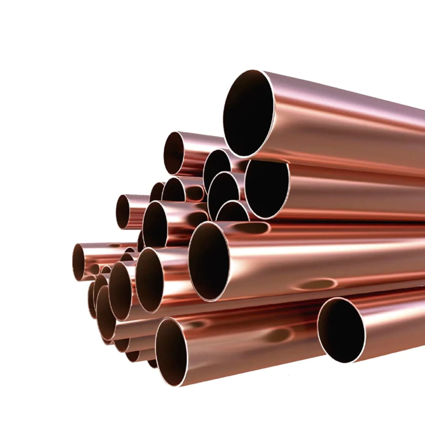 Tubos de cobre brillantes y apilados, listos para instalaciones de plomería, gas y refrigeración
